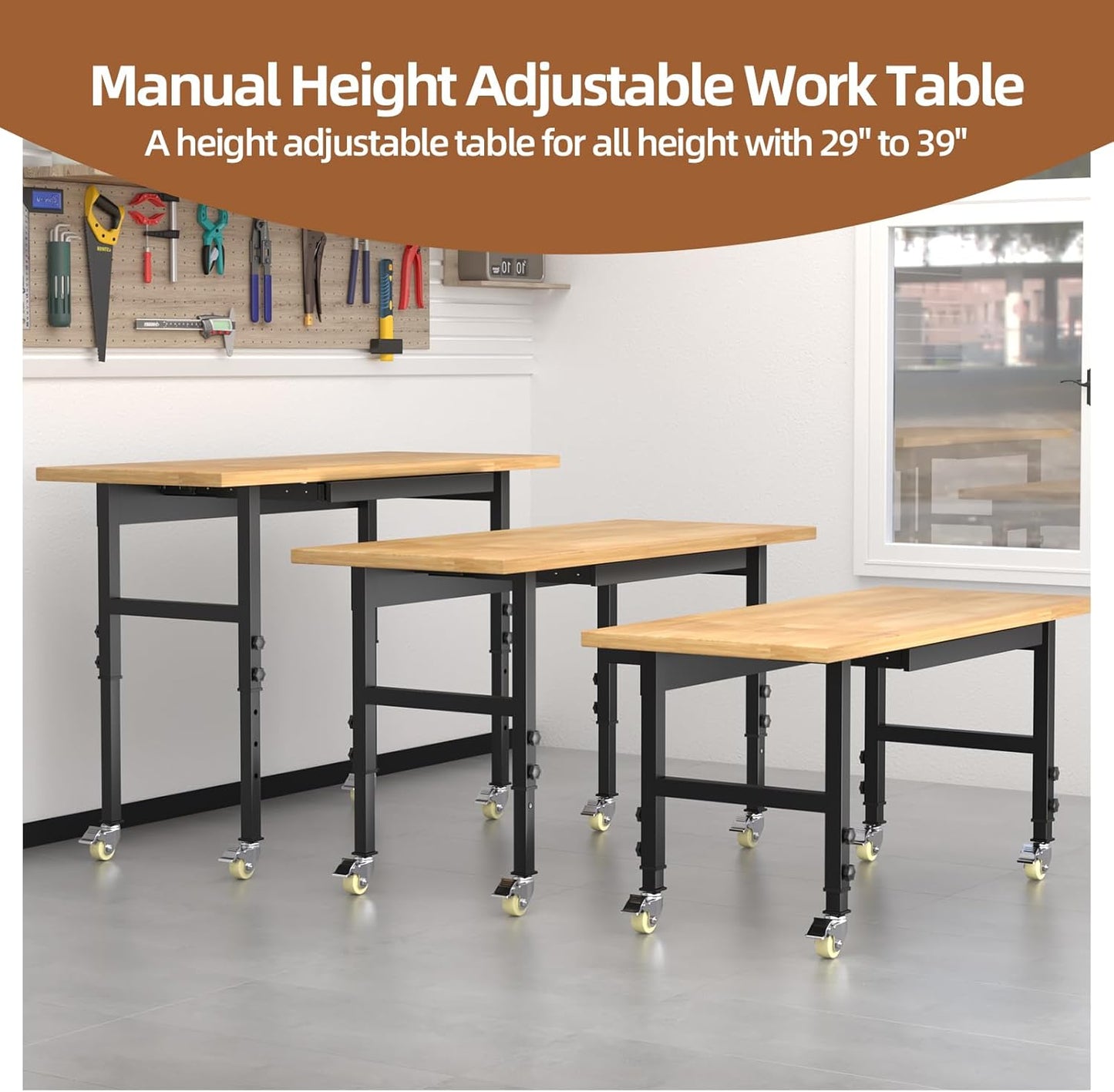 60" Adjustable Workbench with Wheels and Drawer, Rolling Work Bench Table with Power Outlet, Metal Tool Bench Work Bench for Garage, Large Load Capacity Garage Workbench for Workshop,Office,Home