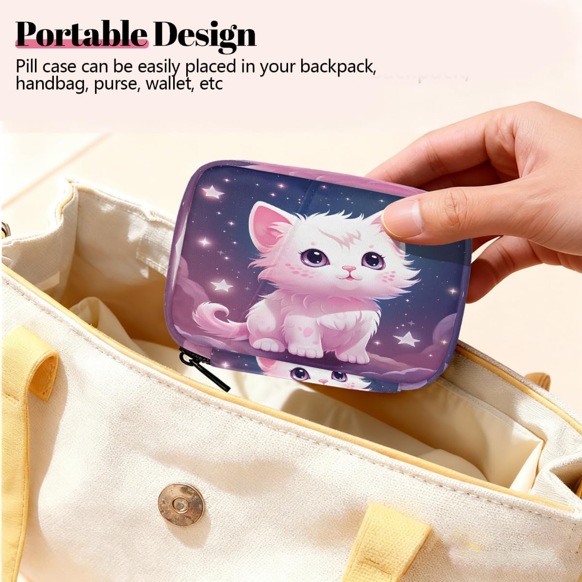 Lovely Cat Starry Sky Pill Organizer Travel Medicine Case with Zipper Daily Vitamin Storage Bag Portable 8 Slot Weekly Pill Box Supplement Holder for Home Office Gym Travel