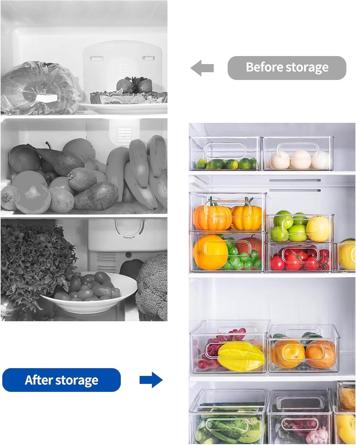 Refrigerator Organizer Bins 6 Pack Fridge Organizers with Handles Clear Freezer Storage Containers for Pantry, Cabinets,Shelves, Drawer – Plastic Kitchen Organizers