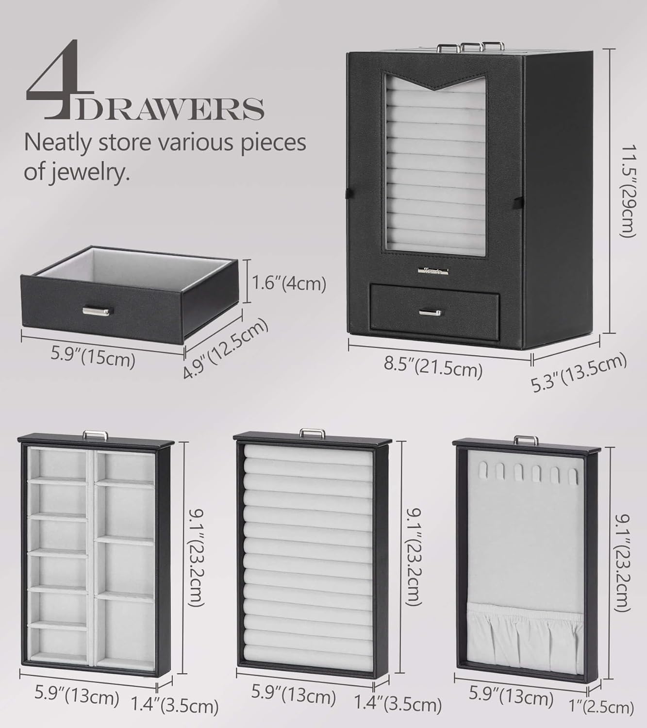 Homde Jewelry Organizer with Transparent Window Necklace Hooks Gift for Women Jewelry Box Display Case for Necklaces Rings Earrings Bracelets and Other Accessories (Black)