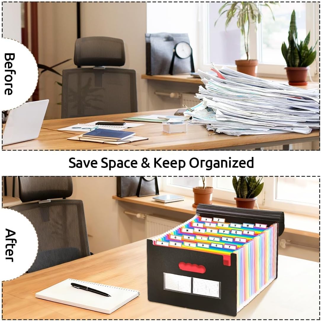 SKYDUE Accordion File Organizer with 26 Pockets & Label Stickers, Expanding File Folders Fit for A4 & Letter Size Paper, Multi-Functional Document Organizer for Home & Office File Management