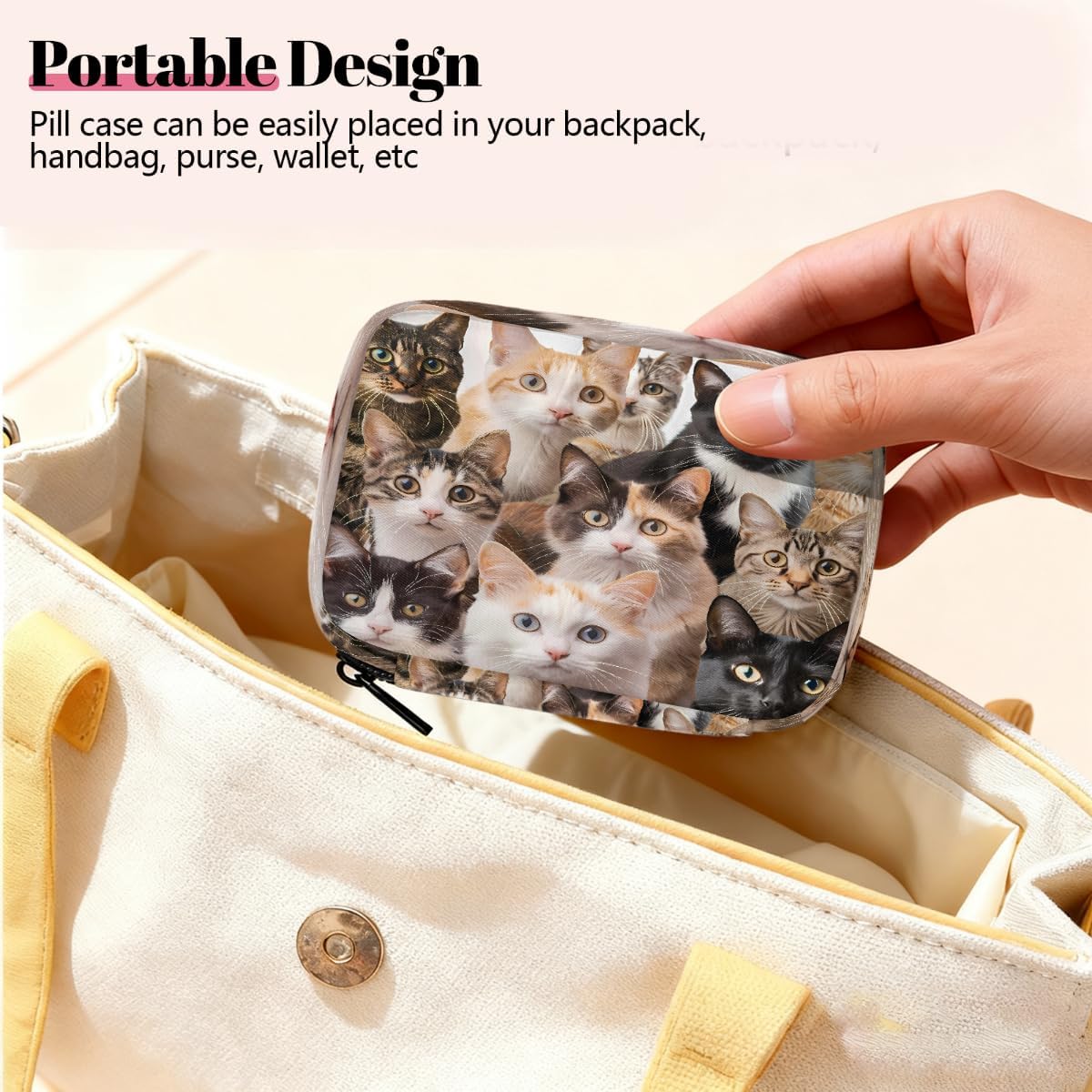 Funny Cats Print Pill Organizer Travel Medicine Case with Zipper Daily Vitamin Storage Bag Portable 8 Slot Weekly Pill Box Supplement Holder for Home Office Gym Travel