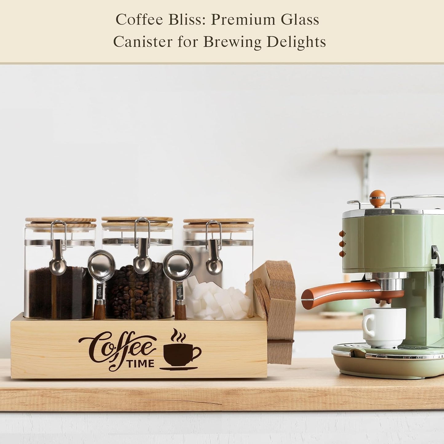 Glass Coffee Canister Set with Shelf & Spoons - 3 Piece Airtight Seal Coffee Bean Storage Containers & Filter Holder for Kitchen Organization