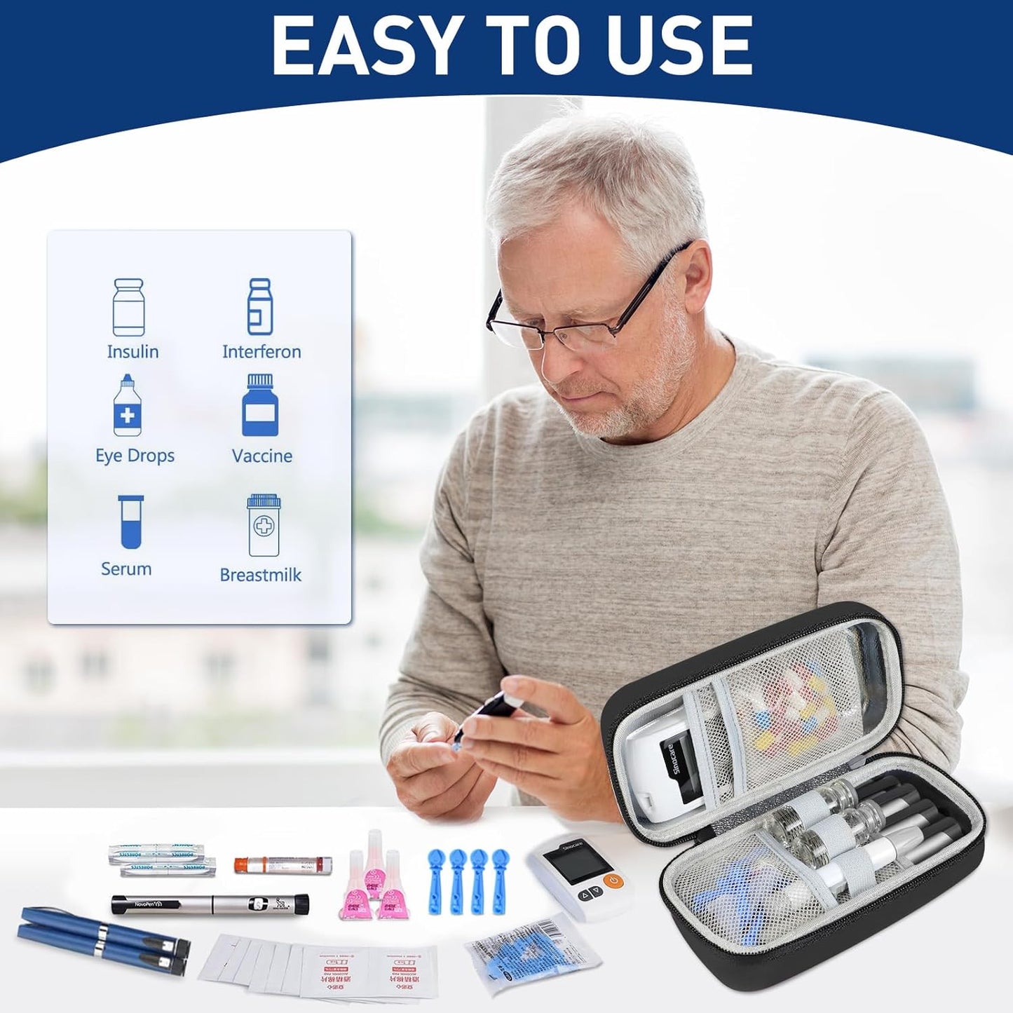 Insulin Cooler Travel Case, Portable Temperature Display Medicine Travel Cooler, Diabetes Case with 2 Reusable Ice Packs TSA Approved for Diabetic Supplies Patent Pending(Black-No Temp)