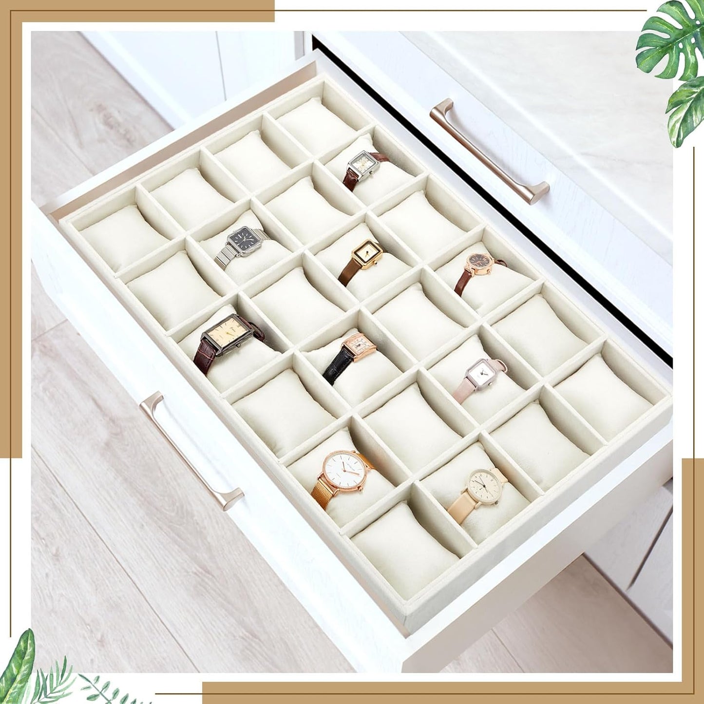 Henoyso 2 Pieces 24 Grid Velvet Watch Tray Jewelry Organizer Stackable Watch Bracelet Bangle Display Holder Adjustable Pillow(Beige)