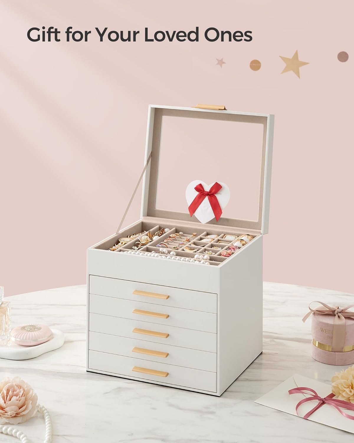 SONGMICS Jewelry Box Organizer with Glass Lid, 6-Layer Jewelry Storage, with 5 Drawers, Modern Style, Christmas Gift, 8 x 9.1 x 9 Inches, Cloud White and Gold Color UJBC176W01