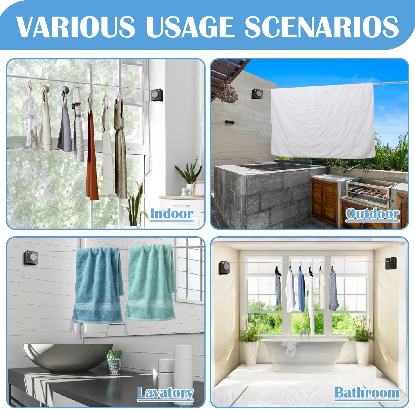 Retractable Clothesline Indoor, Non-Sagging Outdoor Clothes Line Retracting 15.7 Feet Heavy Duty Laundry Line Retractable Wall Mounted Clothes Line Outdoors (Square-Black)