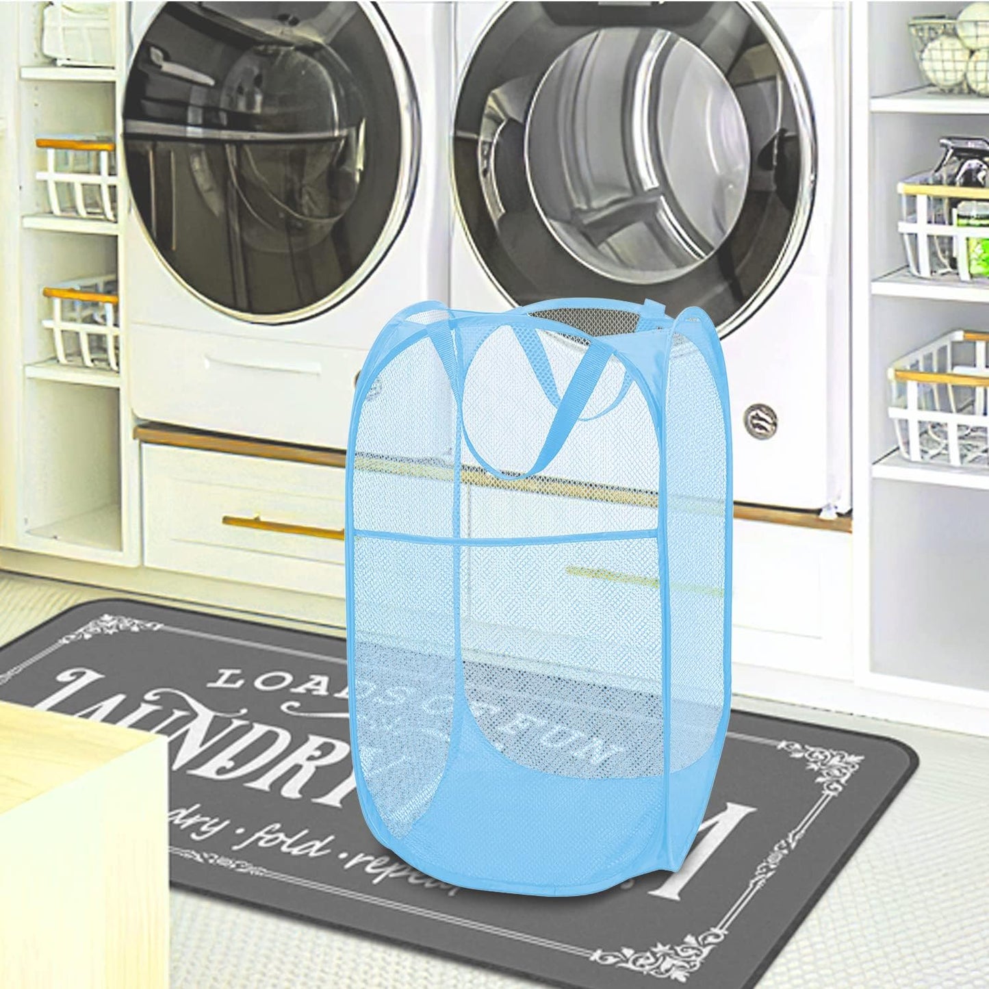 BATTOO Deluxe Strong Mesh Pop up Laundry Hamper Basket with Side Pocket Foldable Hamper for Laundry Room, Bathroom, Kids Room, College Dorm or Travel Light Blue