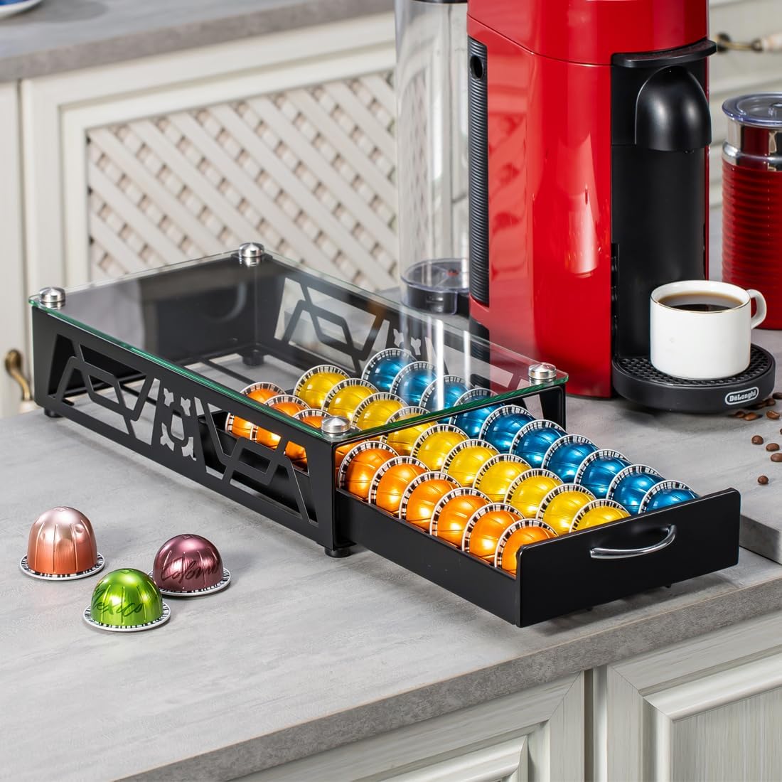 FlagShip Vertuo Pod Drawer Glass Top Coffee Capsule Organizer & Space-Saving for Nespresso Pod Holder Coffee Machine Stand(30 Vertuo Pods Capacity)