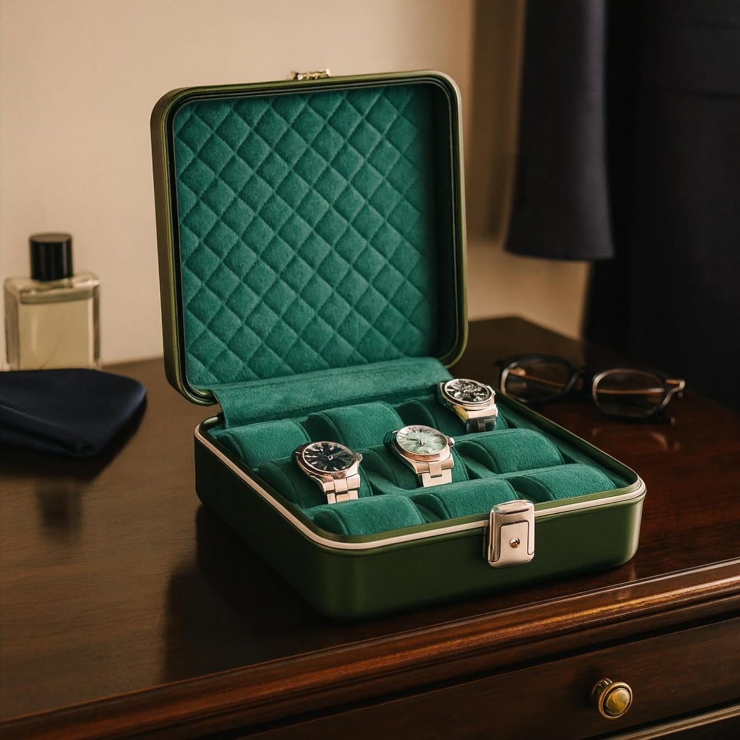 Bey-Berk Prague Aluminum Watch Case in Hunter Green – 9-Slot Locking Travel Box with Soft Interior for Watch Storage