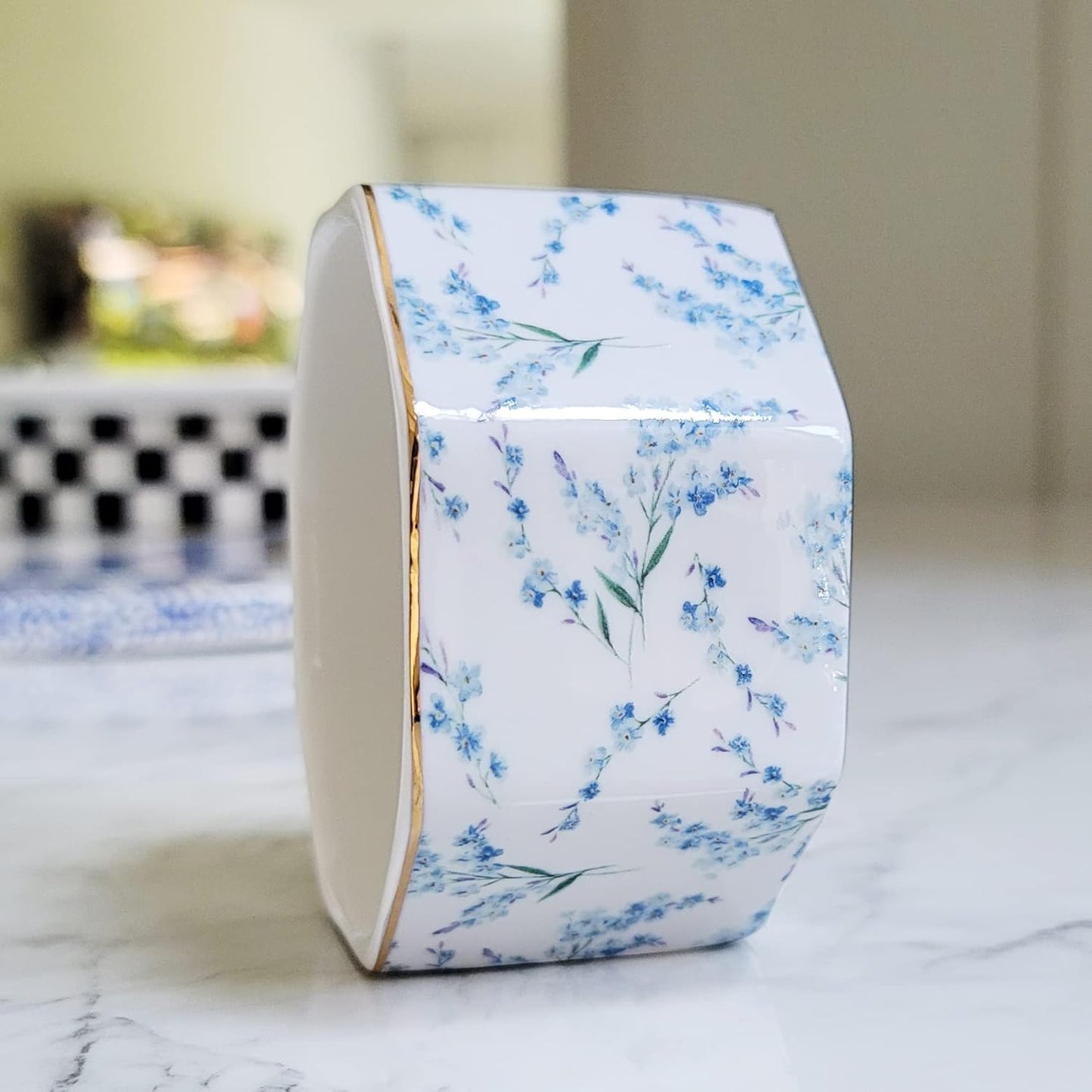 Ceramic Paper Clip Holder Gold Line Paper Clip Dispenser Organizer for Desk Cute Floral Pattern Office Binder Clip Holder Bobby Pin and Hair Clip Holder Gift for Office Blue Flowers