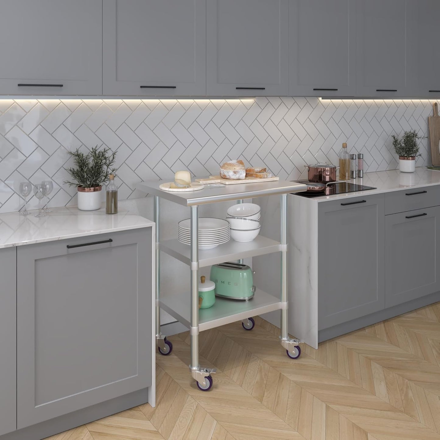AmGood Stainless Steel Work Table with 2 Shelves and Casters | Metal Utility Table On Wheels (Stainless Steel Work Table with 2 Shelves + Casters, 30" Long x 24" Deep)