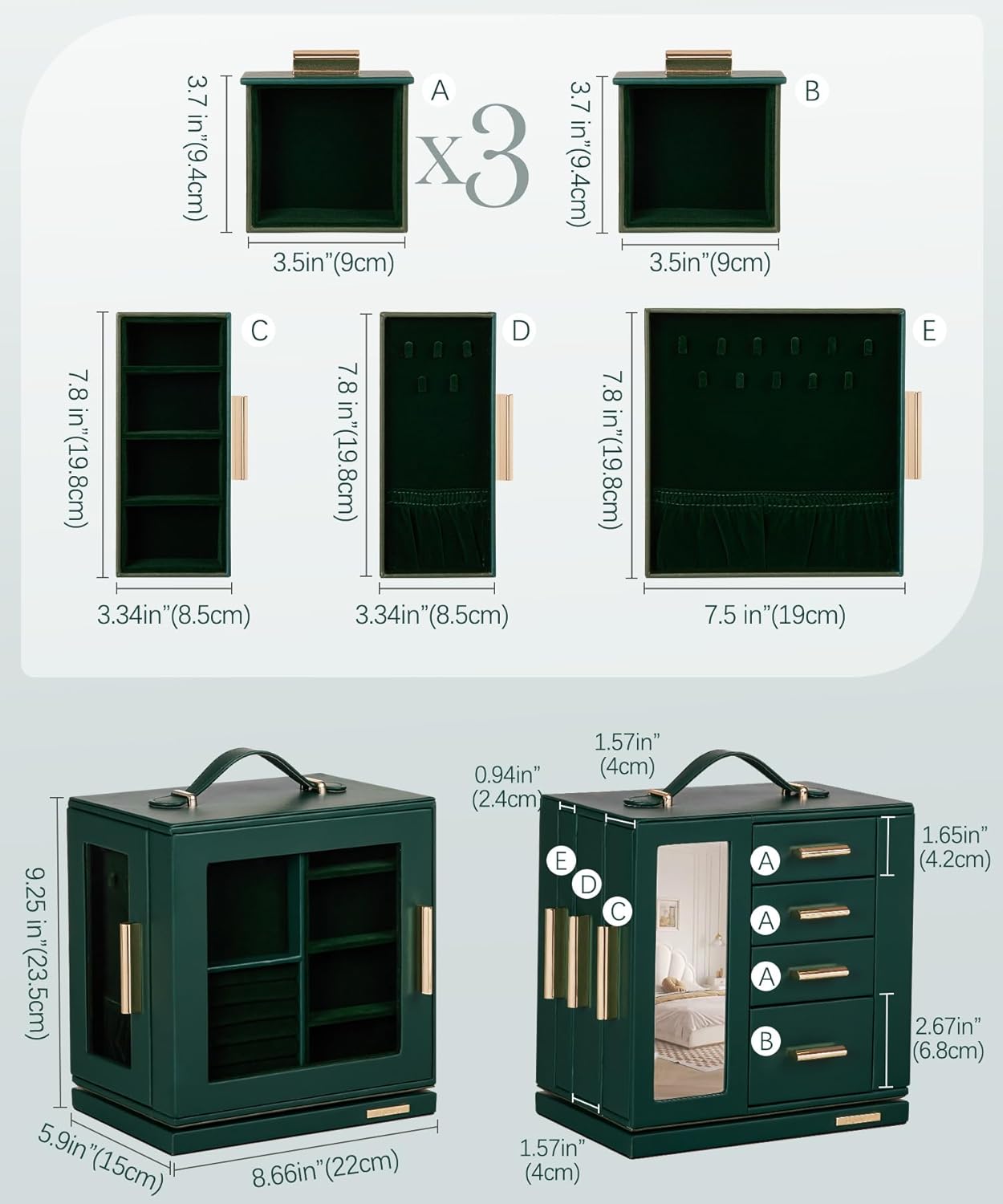 Homde Christmas Gifts Jewelry Box 360° Rotating, Necklace Earring Organizer with Transparent Window, Mirror, 7 Drawers, Large Ring Display Storage Case for Girls Women (Forest Green)
