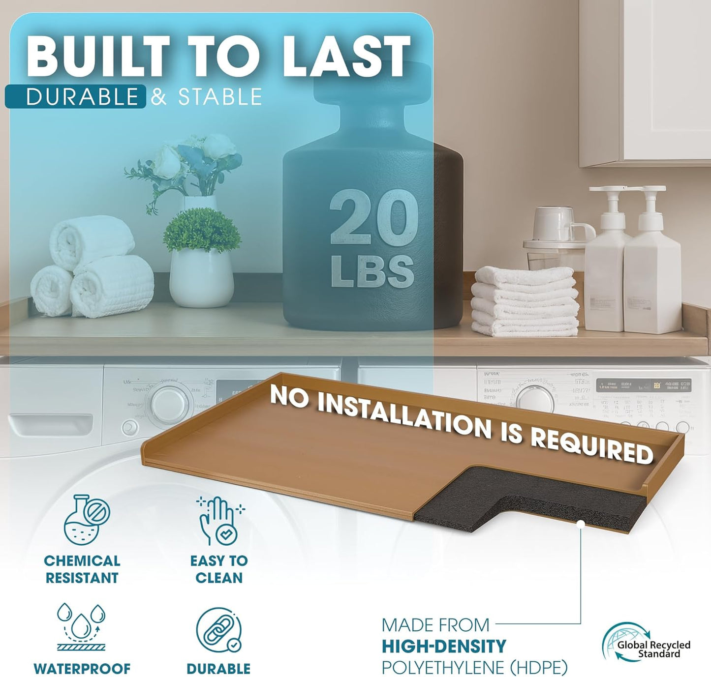 No-Installation HDPE Washer Dryer Countertop – Non-Slip, Anti-Scratch Laundry Topper | Water-Resistant Laundry Room Organizer | Durable, Easy-to-Clean, Modern Design for Washer and Dryer (teak)