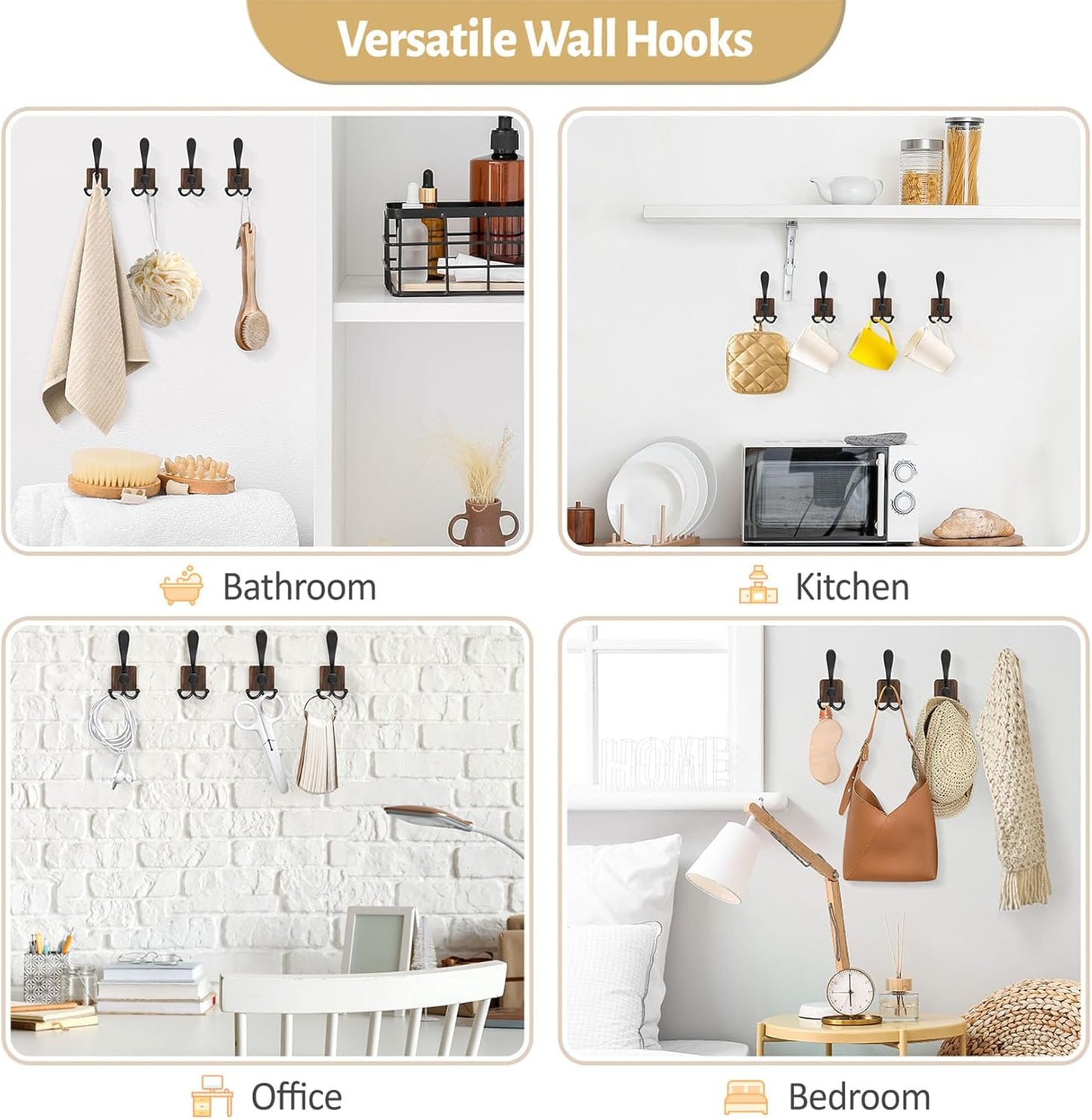 VIS'V Wooden 3 Prong Coat Hooks, Wall Mount, Heavy Duty, Brown, 4 Pcs