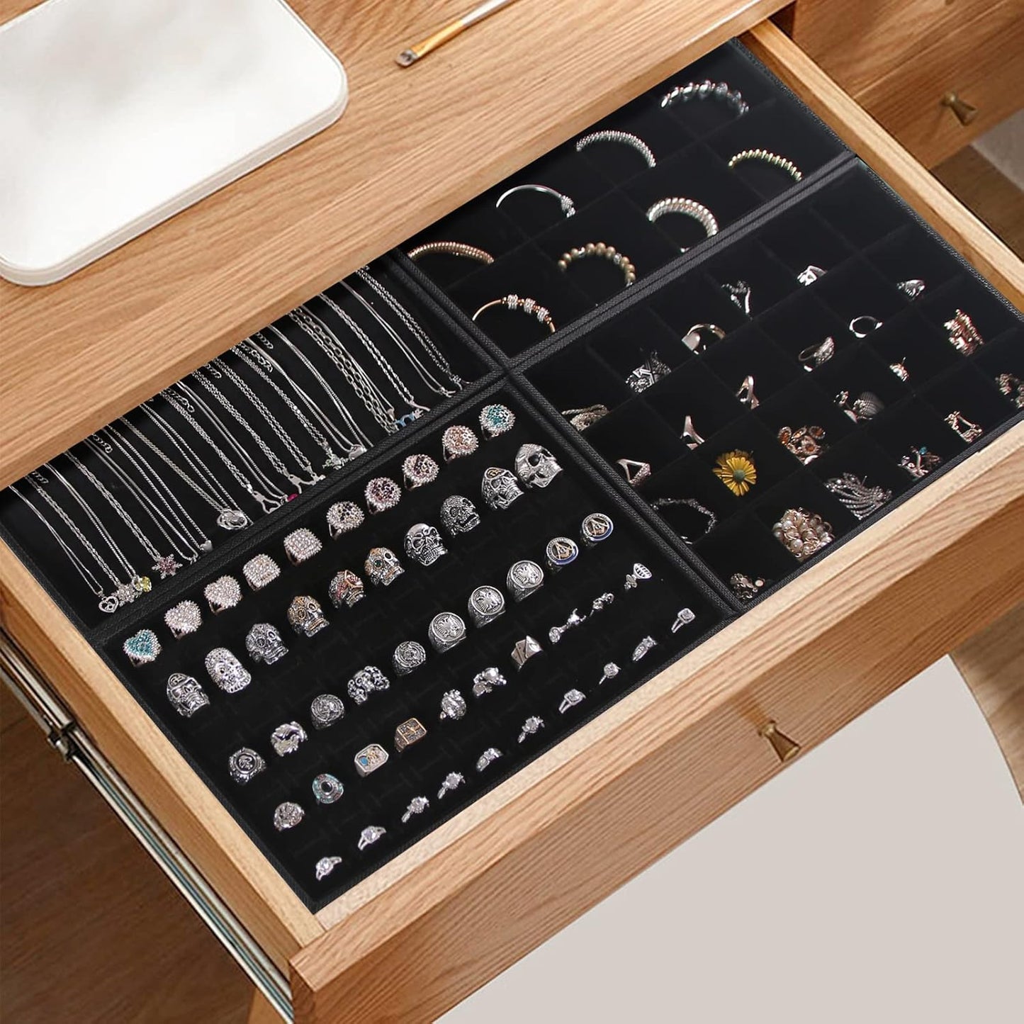 Julysky 4 Pcs/set Stackable Jewelry Organizer Trays for Drawer,100 Slots Ring Tray,Necklace Tray,12 Grid,24 Grid Jewelry Displays for Selling,Black