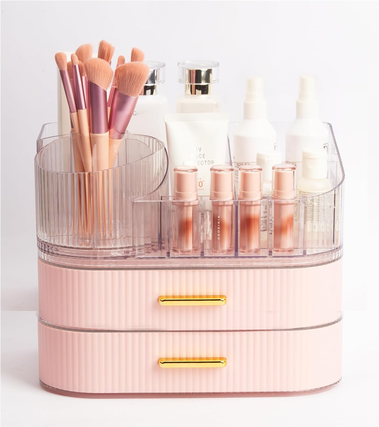 Makeup Organizer with Stackable Drawer, 360 Rotating Makeup Brush Holder, 11-inch Wide Large Cosmetic Display Case, Skincare Organizers and Storage for Dresser, Vanity, Bathroom Countertop
