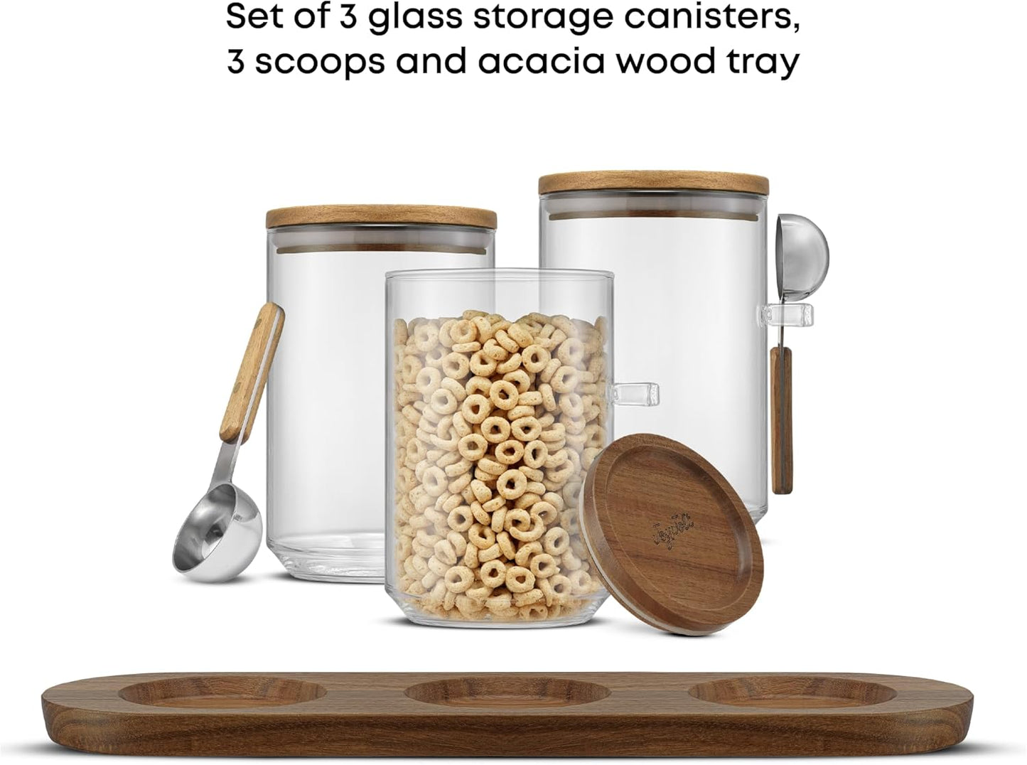 JoyJolt Holden 32oz Stackable Glass Storage Containers with Lids Scoops and Tray, Clear Airtight Food Canister Set of 3 w/Acacia Wood Lids, Round Stacking Pantry and Kitchen Containers w/Scoop