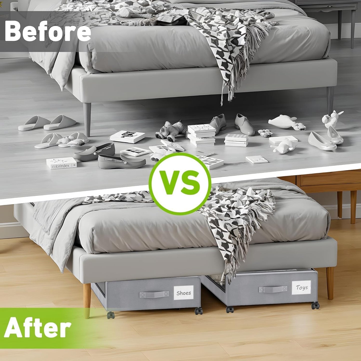 Beborxue Under Bed Storage with Wheels, 2-Pack Under the Bed Storage Containers with Lids, XXL 60L Under Bed Shoe Storage Organizer Bins, Rolling Underbed Storage for Clothes, Shoes, Blankets (Gray)