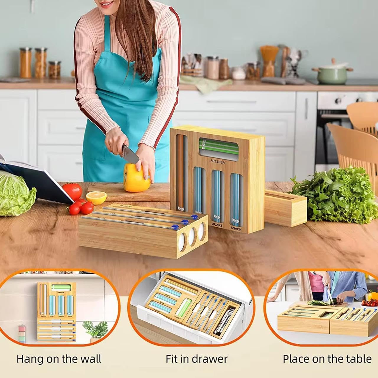 9 IN 1 Storage Bag Organizer for Kitchen Drawer, Bamboo Foil and Plastic Wrap with Cutter, Organizers Compatible Gallon, Quart, Sandwich Snack Size