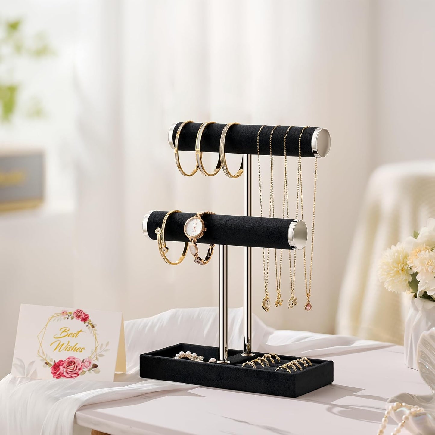 2 Tier Bracelet Holder Display - Detachable T Bar Black and Silver Velvet Bracelet Holder, Jewelry Holder Organizer for Bracelet, Necklace, Earrings, Rings