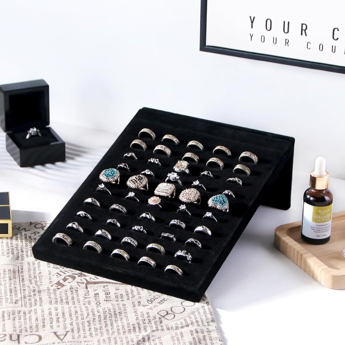 50 Slots Rings Display Stand, Ring Organizer Holder Stand for Selling, Ring Jewelry Pad Showcase Storage Tray for Home or Shop Sell Show (Black 2PC)