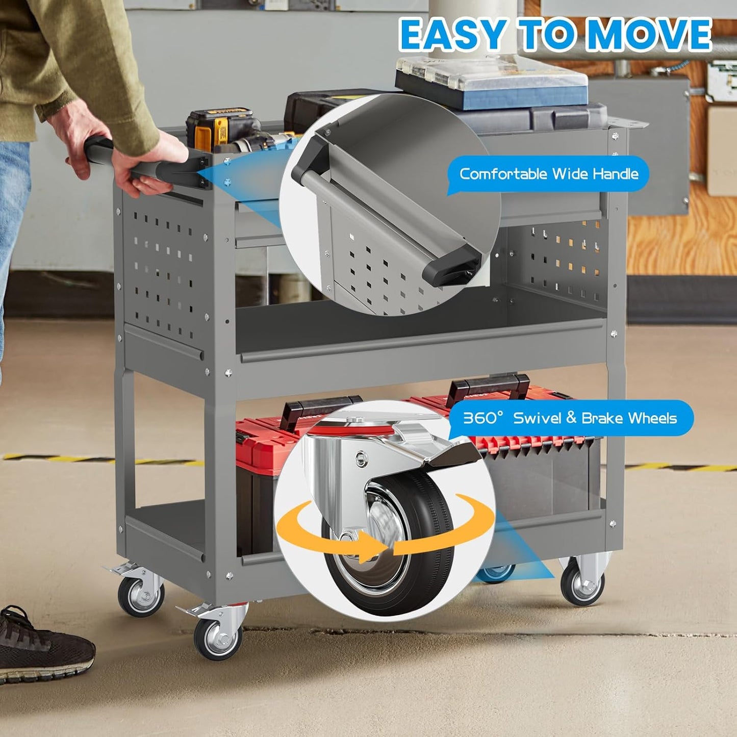 3 Tier Rolling Tool Cart on Wheels, Heavy-Duty Utility Cart Service Cart with Locked Drawers for Garage, Warehouse, Repair Shop, Workshop…
