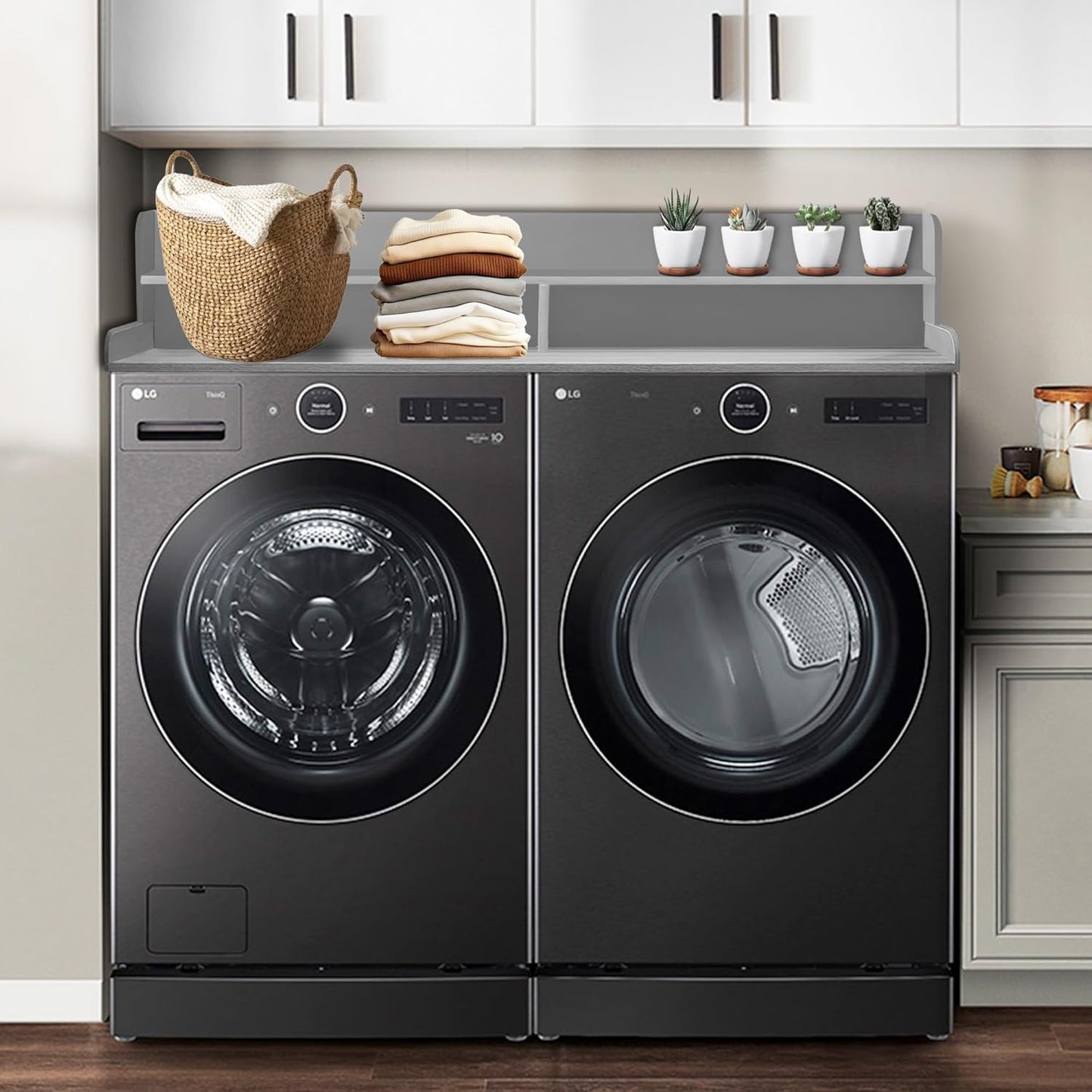 Royxen Laundry Countertop with Storage Universal Fit, Washer and Dryer Countertop with Shelf, Laundry Room Storage, 2-Tier Shelf (Grey)