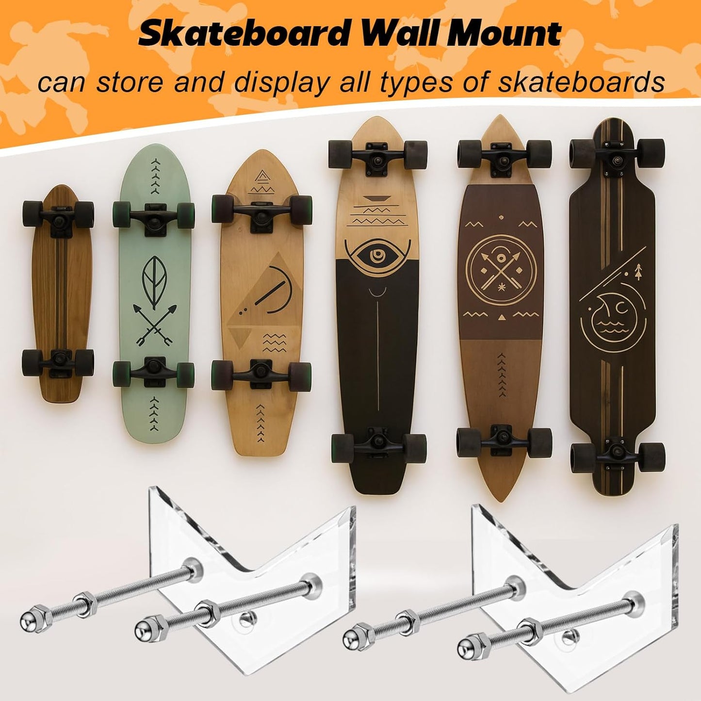 6 Packs Skateboard Wall Mount with Installation Screws Acrylic Floating Skate Deck Stand Skateboard Wall Hanger to Store and Display Long Boards Snowboards