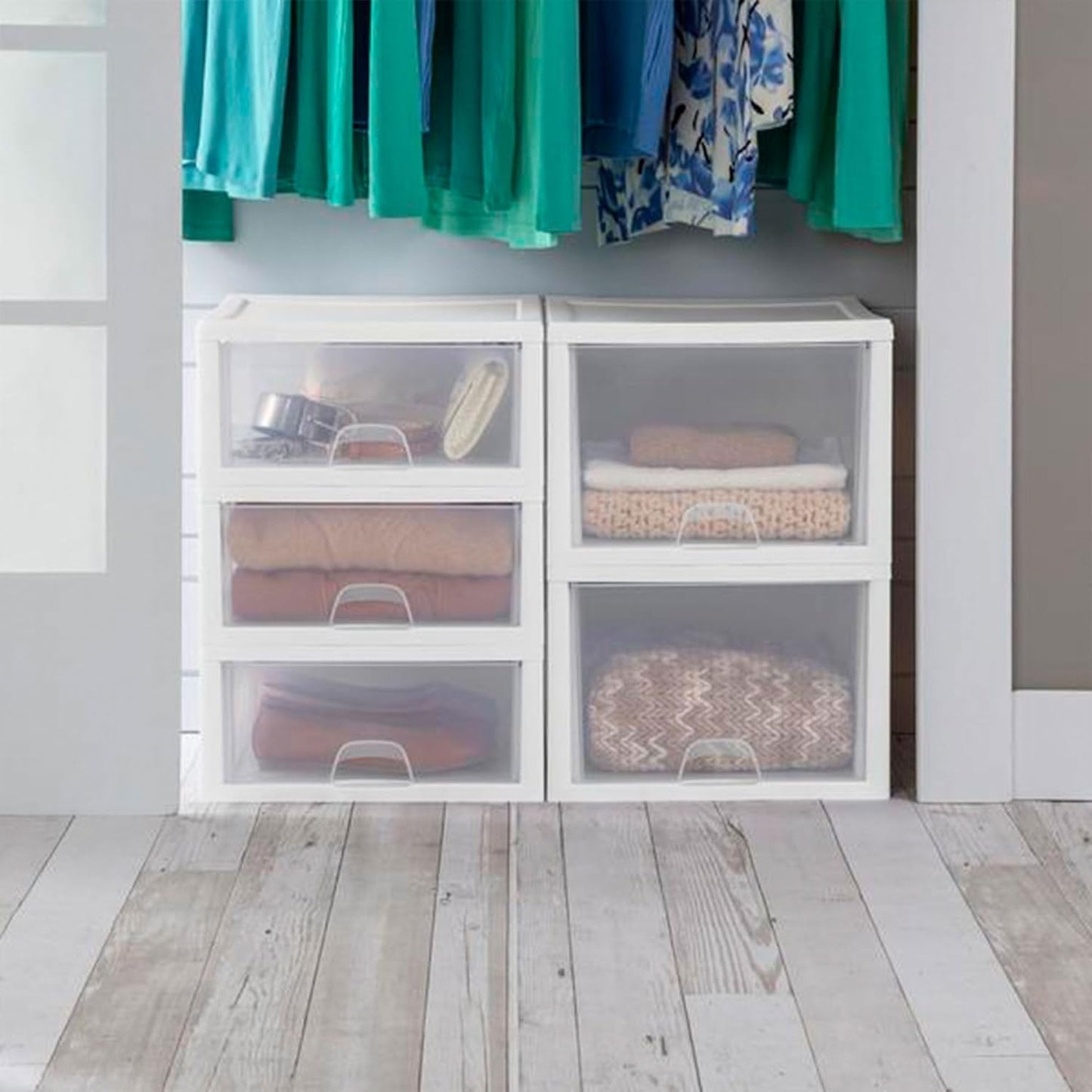 Sterilite 27 Qt (4 Pack) and 16 Qt (6 Pack) Clear Plastic Stackable Organizer Drawers, White