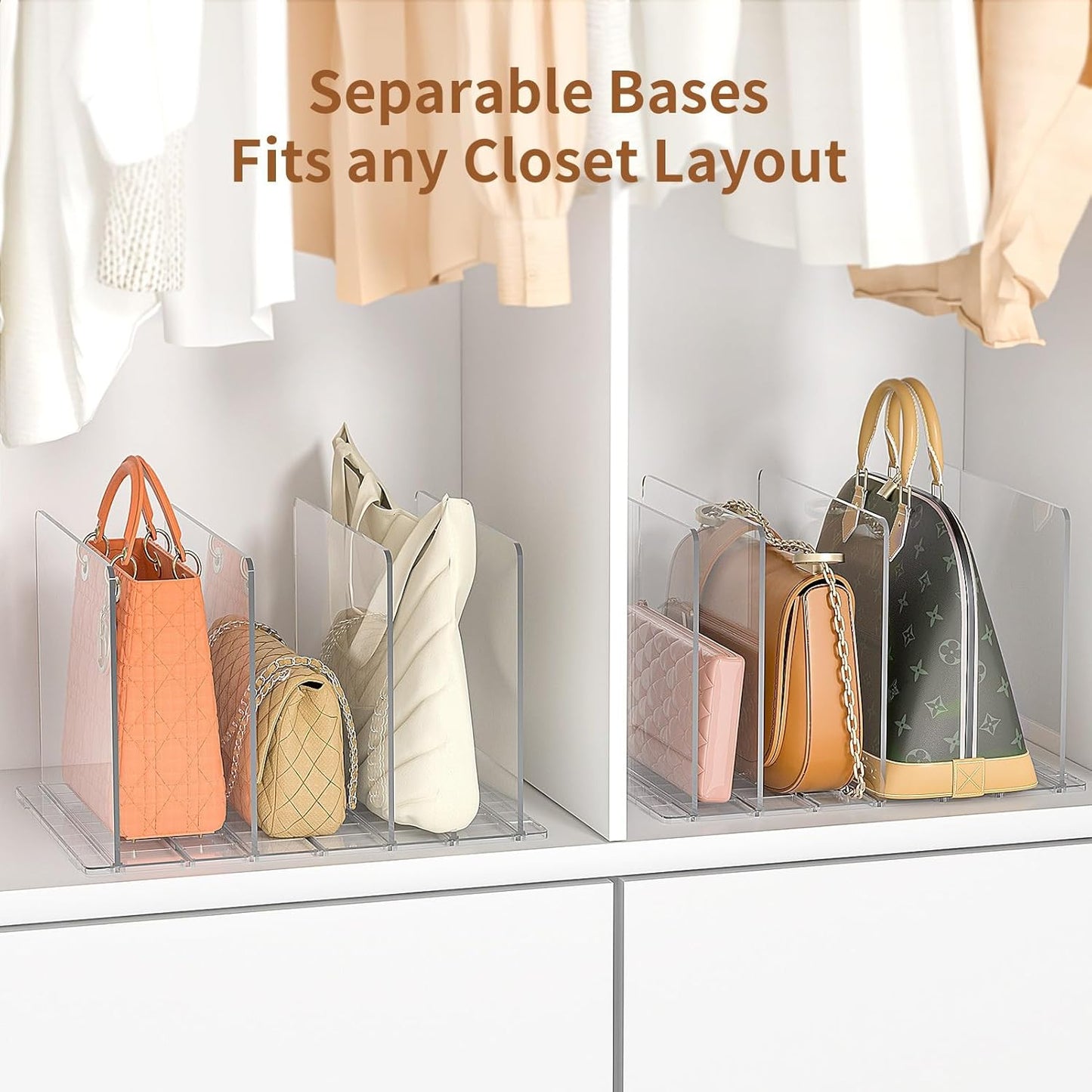 GoMaihe Bag & Purse Organizer for Closet: 4 Sets Adjustable Clear Handbag Storage Shelf - Plastic Clutch Dividers | Minimal | Keep Purses upright