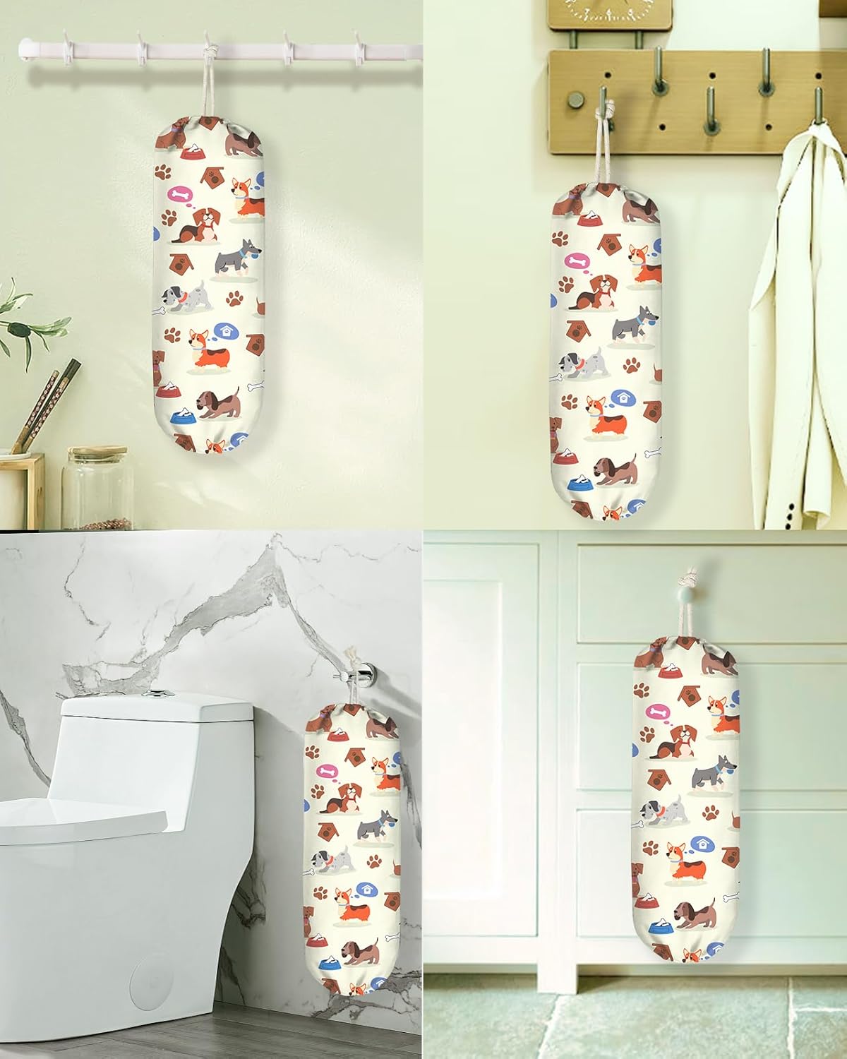 Plastic Bag Holder, Grocery Bag Organizer - 1 Pack Cute Kitchen Dispenser Holders Reusable Shopping Western Hanging Wall with Adjustment Drawstring Closure for Women Home, Dogs