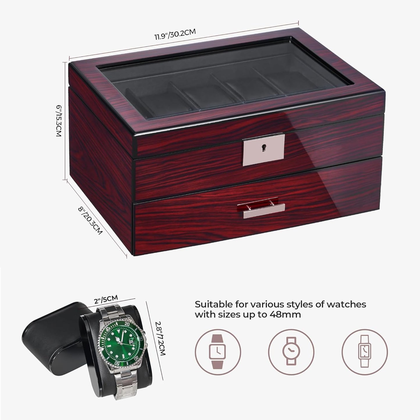 ANWBROAD Watch Box 20 Slot Watch Cases for Men with Large Glass Lid 2-Tier Watch Display Case Lockable Wooden Watch Organizer Elegant Watch Holder for Women UJWB002Y