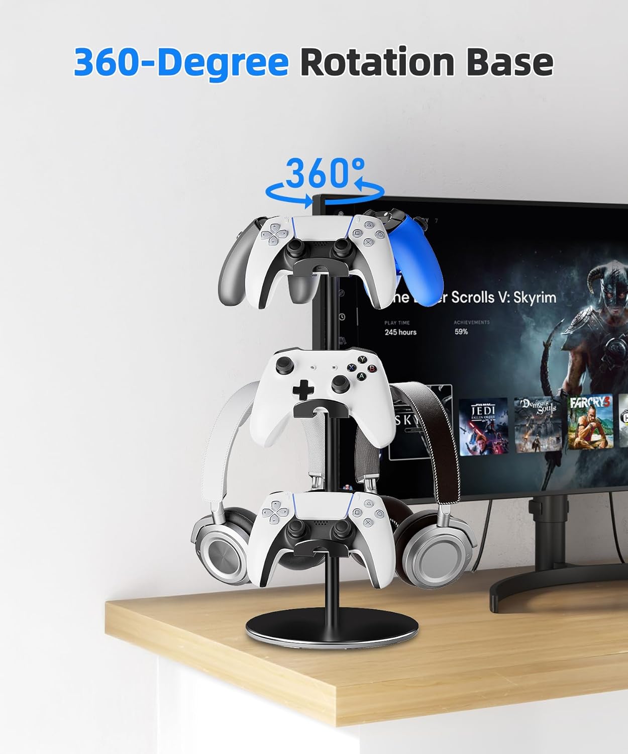 Aluminum Alloy Controller Holder 3 Layers,360 Degree Rotation Tier,Gaming Controller Stand for Xbox PS5 PS4 Switch,Headphone Stand,Headset Holder & Desk Mounts for 9 Packs Controller
