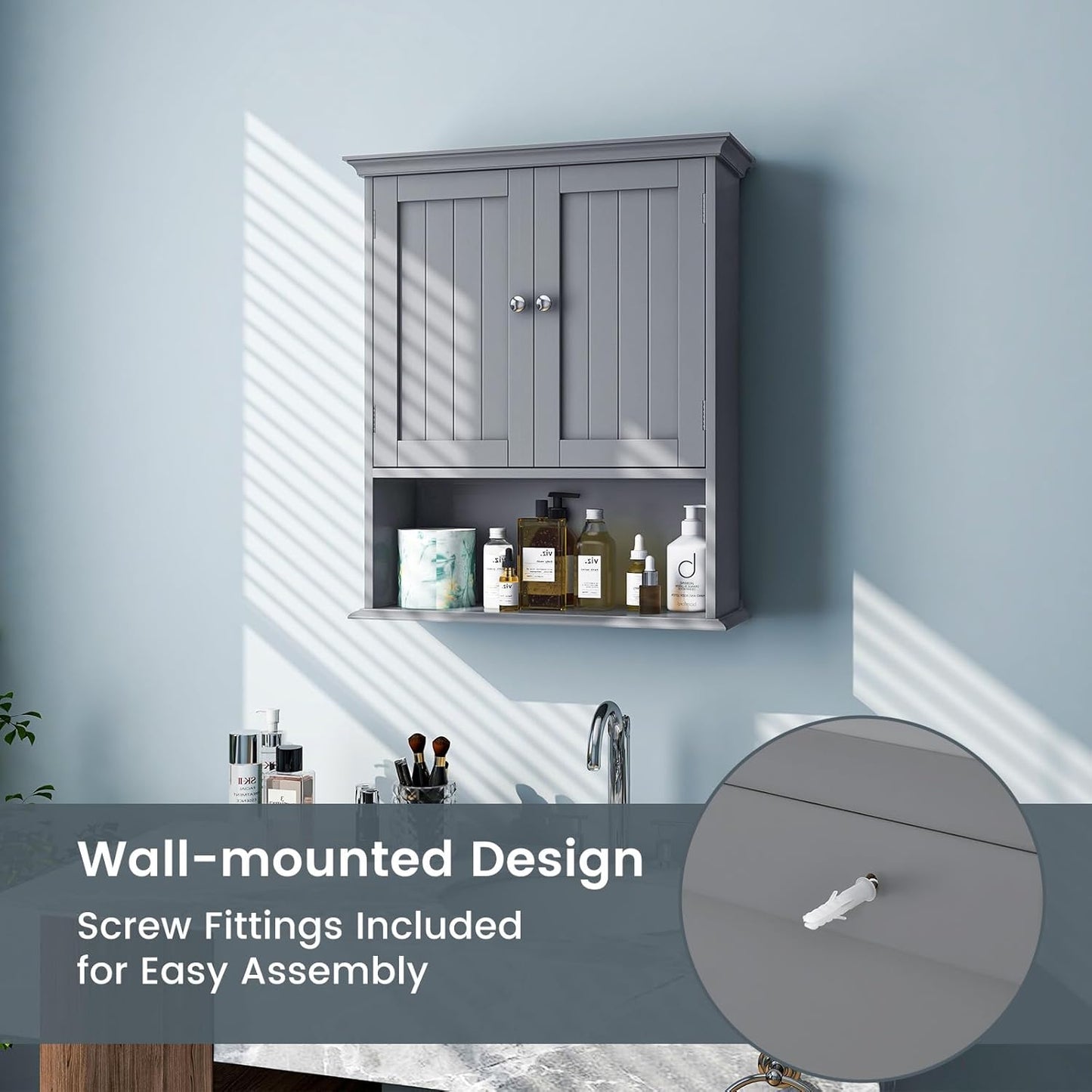 Tangkula Bathroom Wall Cabinet, Wooden Hanging Cabinet with Doors & Shelves, Multipurpose Storage Cabinet for Restroom Kitchen Living Room, Wall Mounted Bathroom Medicine Cabinet (Grey)