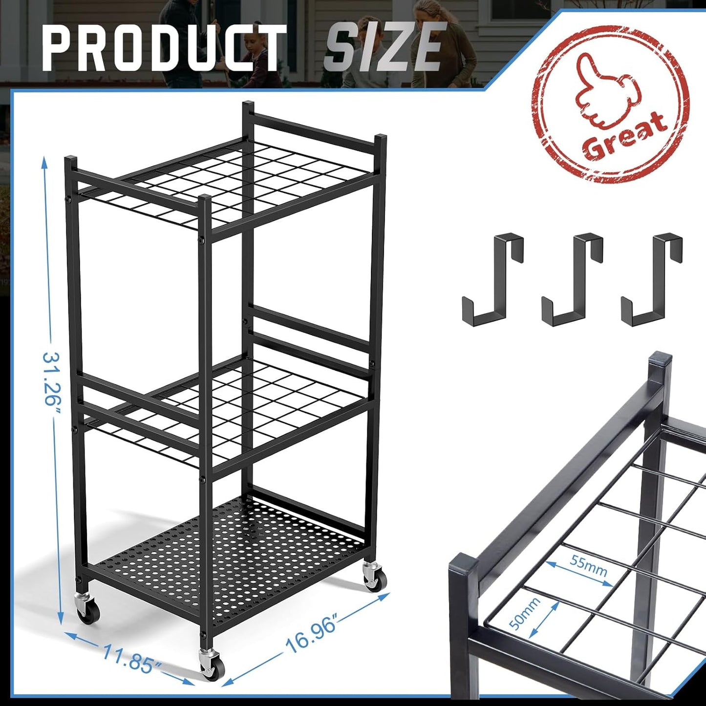 Garden Organizer With Wheels, Yard Tower Rack for Garage Storage, Up to 35 Long-Handled Tools, Sturdy Metal Steel Holder With 3 Hooks, Outdoor, Black