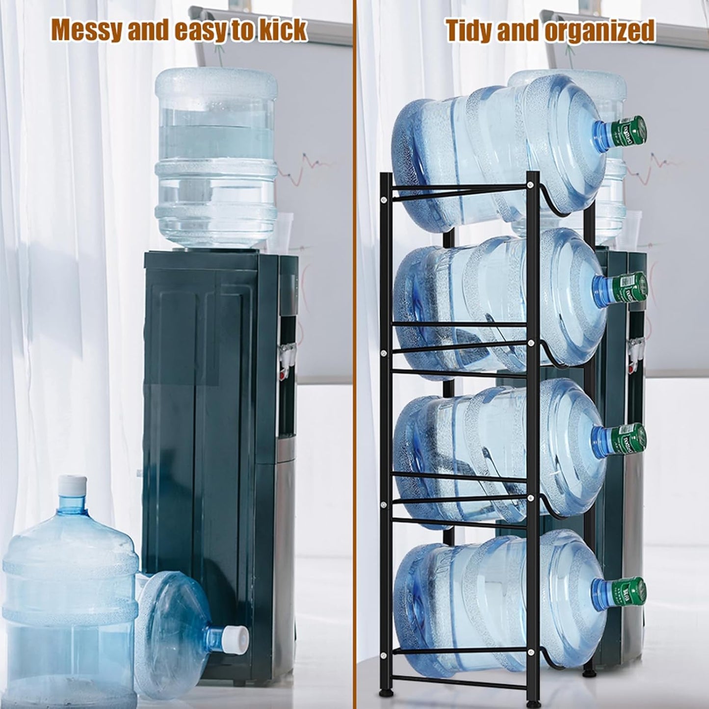 smusei 5 Gallon Water Bottle Holder 4 Tier Water Cooler Jug Stand Storage with 4 Slots for 5 Gal Water Dispenser Black Water Bottle Organizer Rack Metal for Office, Kitchen, Home