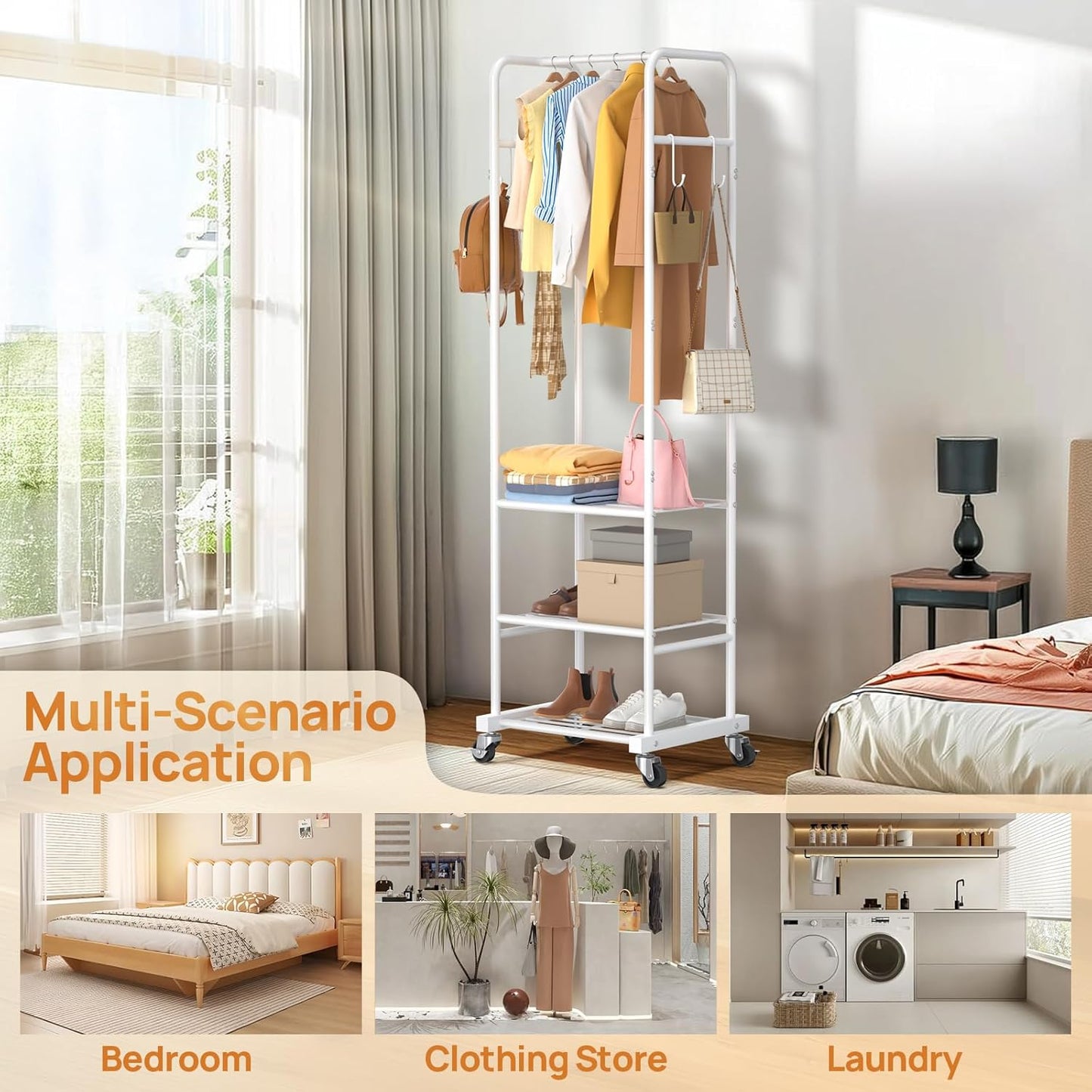 Clothes Rack with Wheels, Freestanding Garment Rack with 3 Metal Shelves for Hanging Clothes, Portable Hanging Rod for Small Room, Bedroom, Bathroom (White)