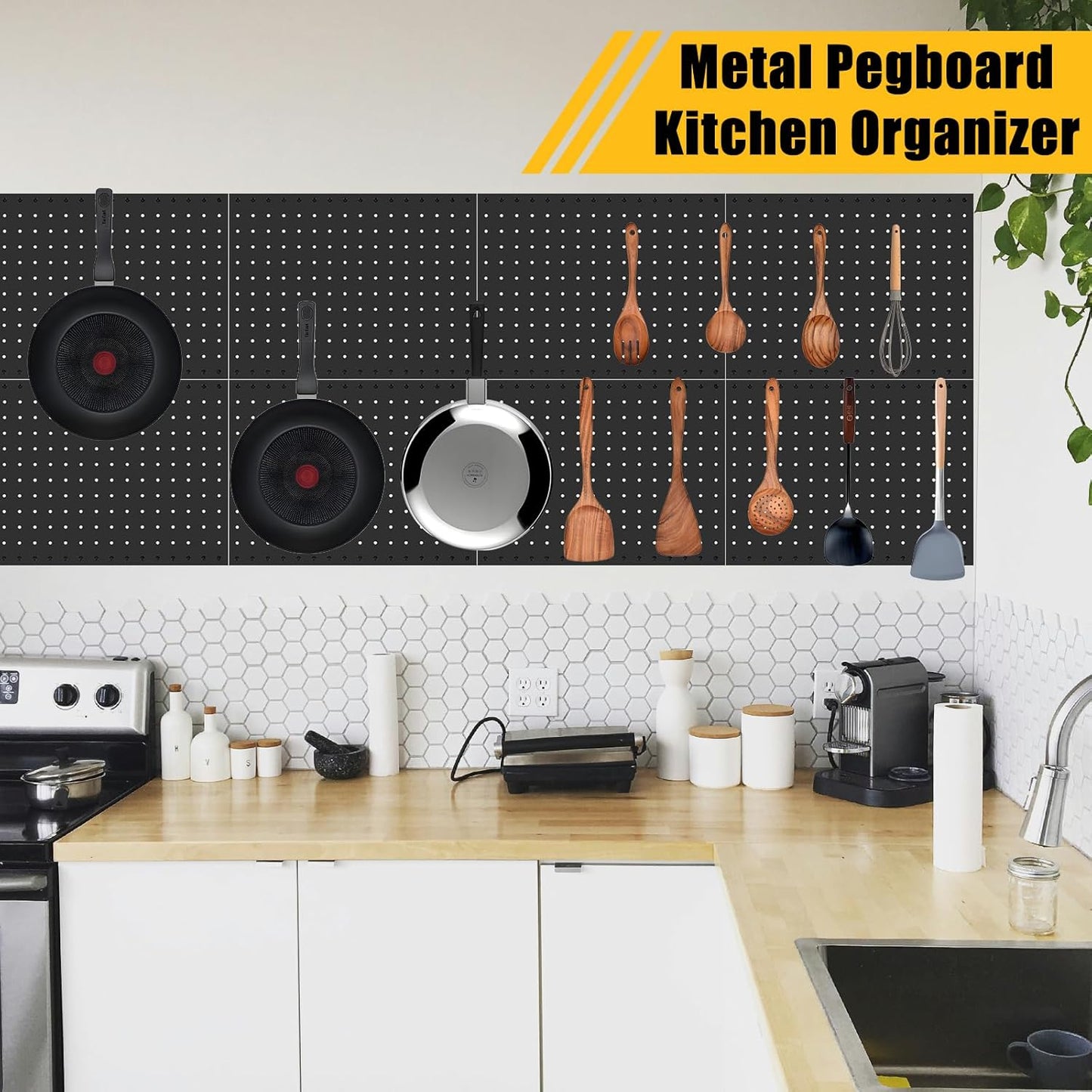 PBHEPJ 8 Pcs Metal Pegboard Panels, Heavy Duty Peg Boards for Garage and Garden Tool Storage, Includes Drywall Anchors and Screws Kits, Black (8 pcs 16in x 12in)