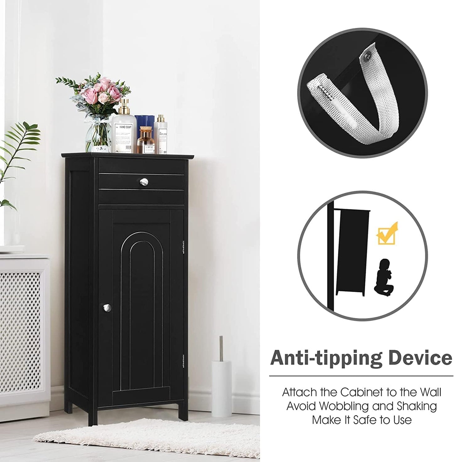 HAPPYGRILL Bathroom Floor Cabinet, Single Door Floor Storage Cabinet Organizer with Drawer and 3-Level Adjustable Shelves, Bathroom Cabinets Freestanding with Anti-Tipping Device for Living Room
