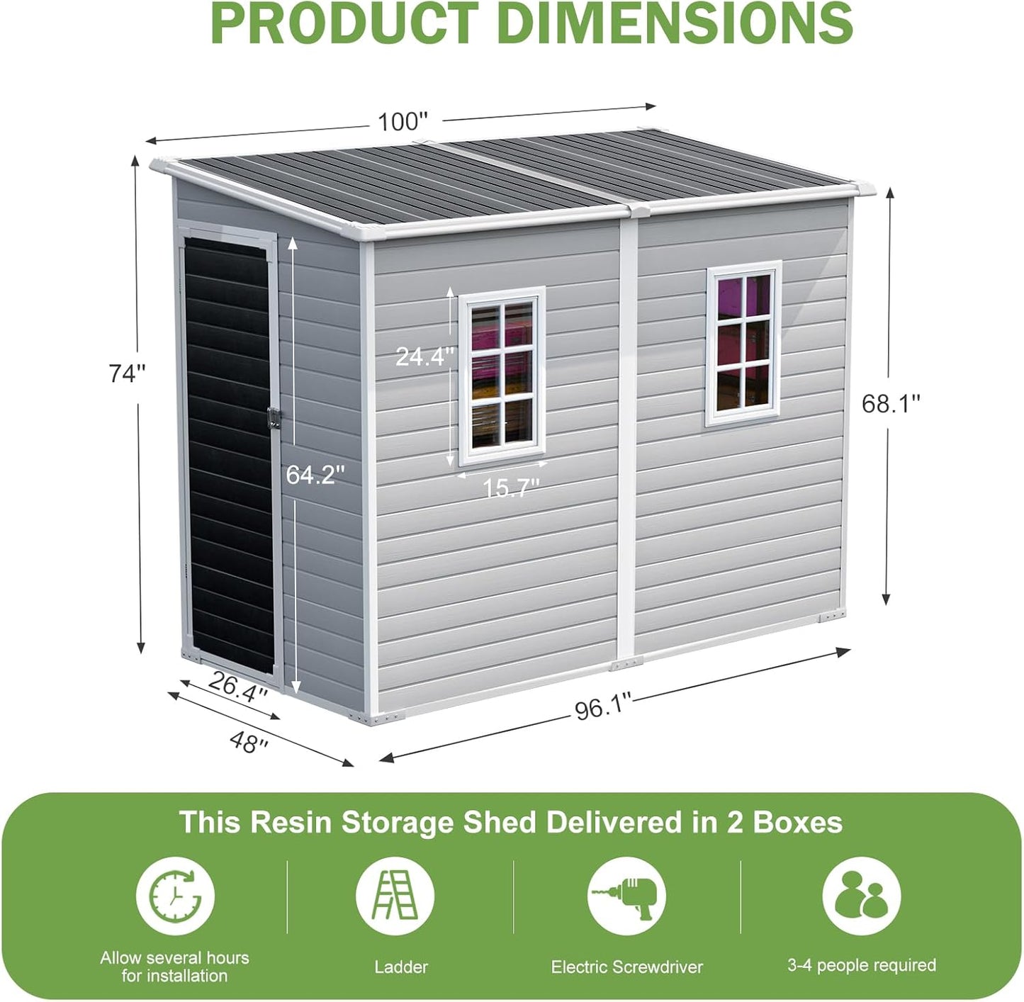 8x4 FT Resin Lean to Shed, Waterproof Outdoor Storage Shed with Floor, Adjustable Openable Window, Lockable Door & 2 Windows, Tool Shed for Patio Garden, Lawn, Backyard, Dove Grey