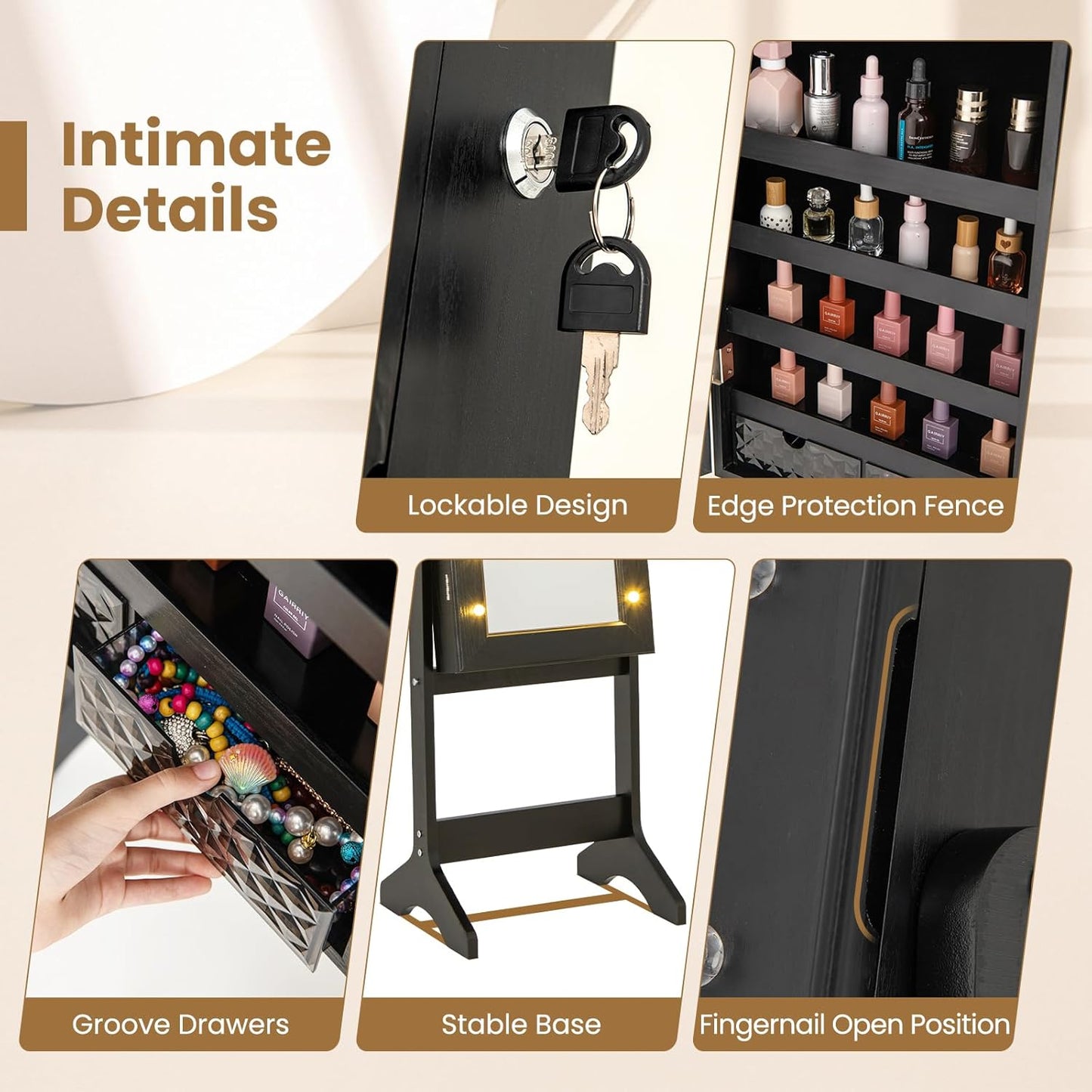 Giantex Standing Jewelry Armoire with Lighted Full Length Mirror, Lockable Jewelry Cabinet Organizer with 20 LED Lights, Adjustable Tilt, Large Storage for Earrings, Rings, Necklaces, Black
