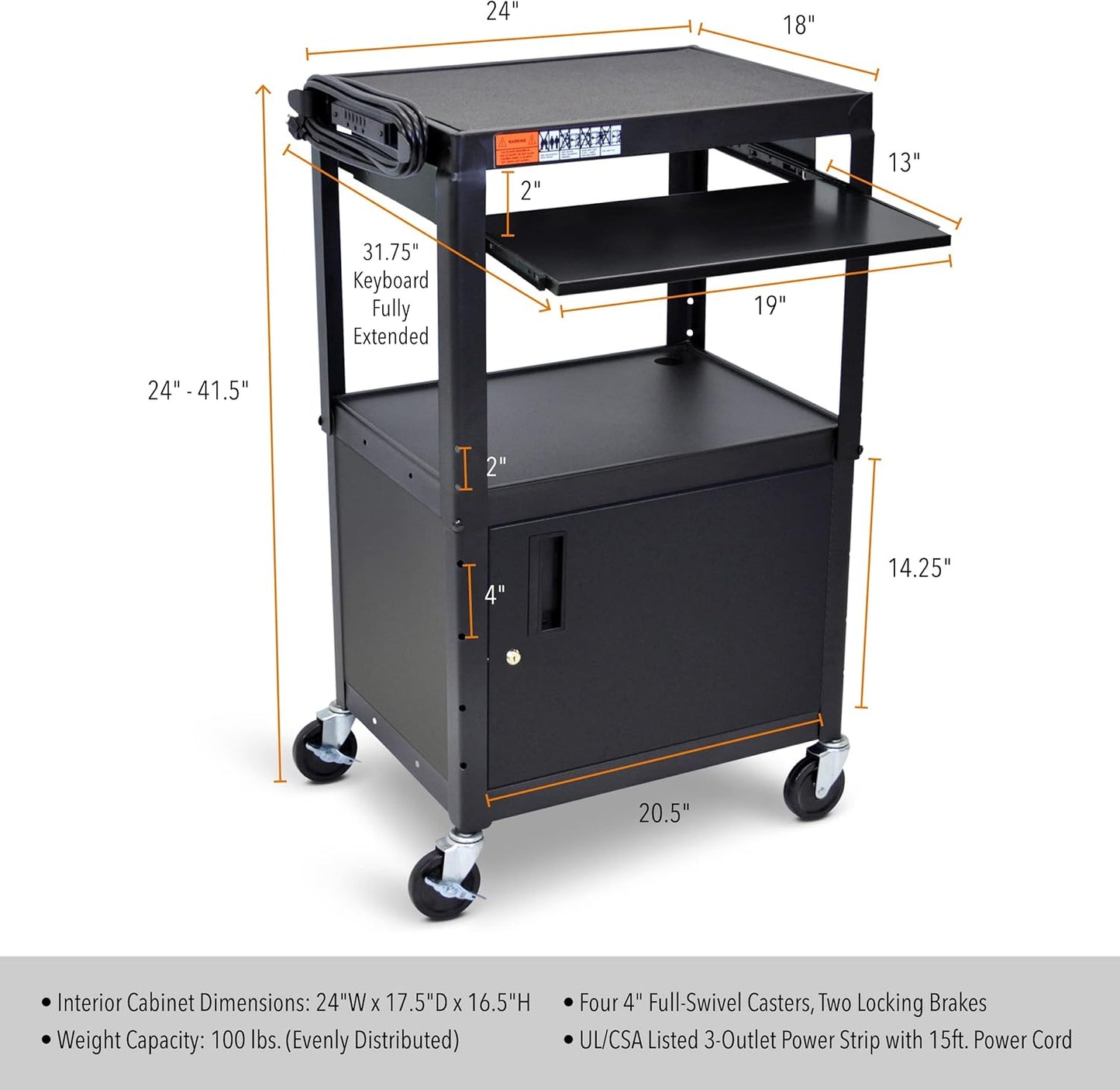 Stand Steady AV Cart with Locking Cabinet, Adjustable Height, UL Certified, Steel Frame, Black