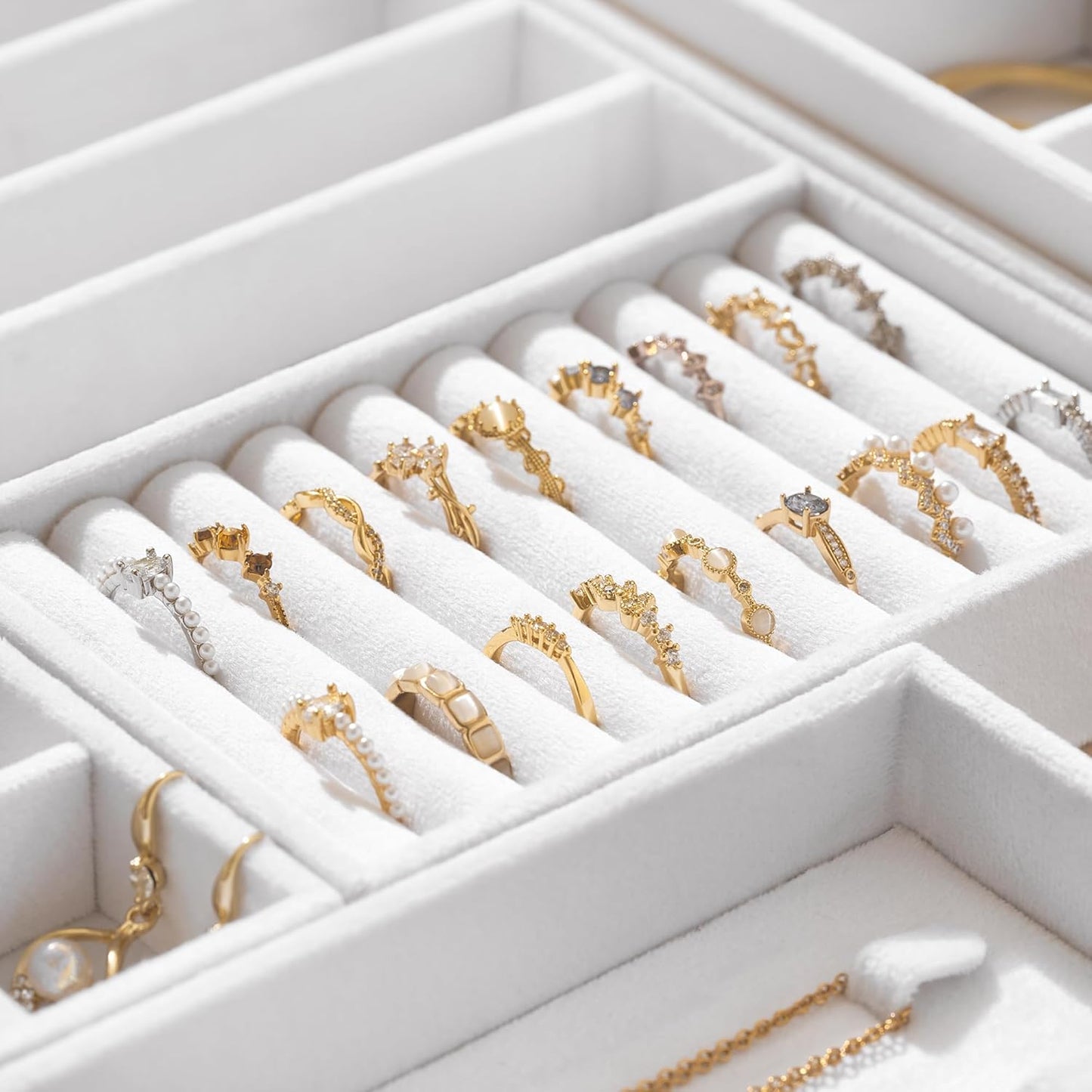 Velvet Jewelry Drawer Organizer Trays – White Stackable Jewelry Storage Inserts Set, 4-Layer Jewelry Tray Set for Earrings, Rings, Necklaces, Bracelets with Removable Dividers for Dresser & Vanity
