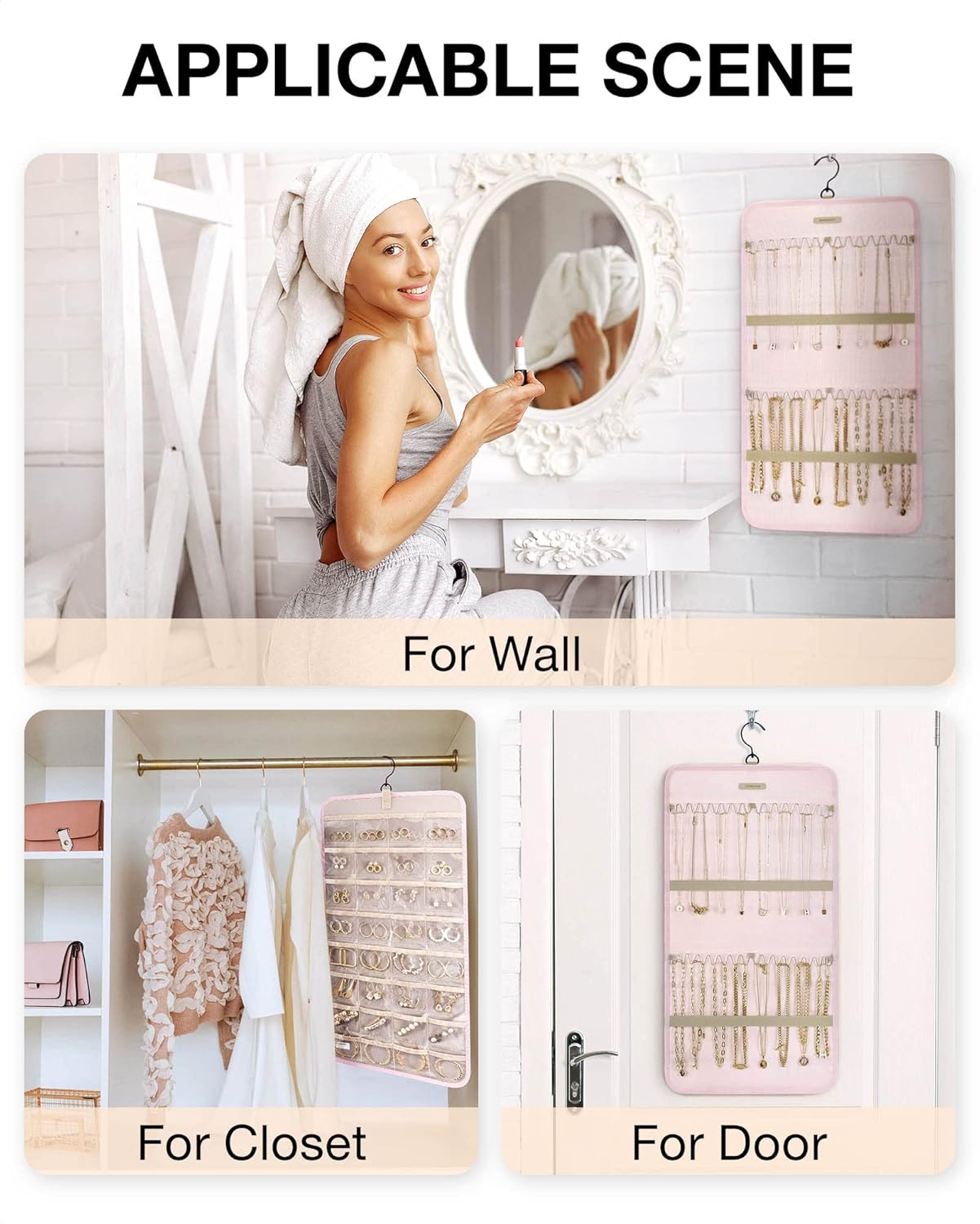 BAGSMART Hanging Jewelry Organizer Storage Roll with Hanger Metal Hooks Double-Sided Jewelry Holder for Earrings, Necklaces, Rings on Closet, Wall, Door, 1 piece, Medium, Pink
