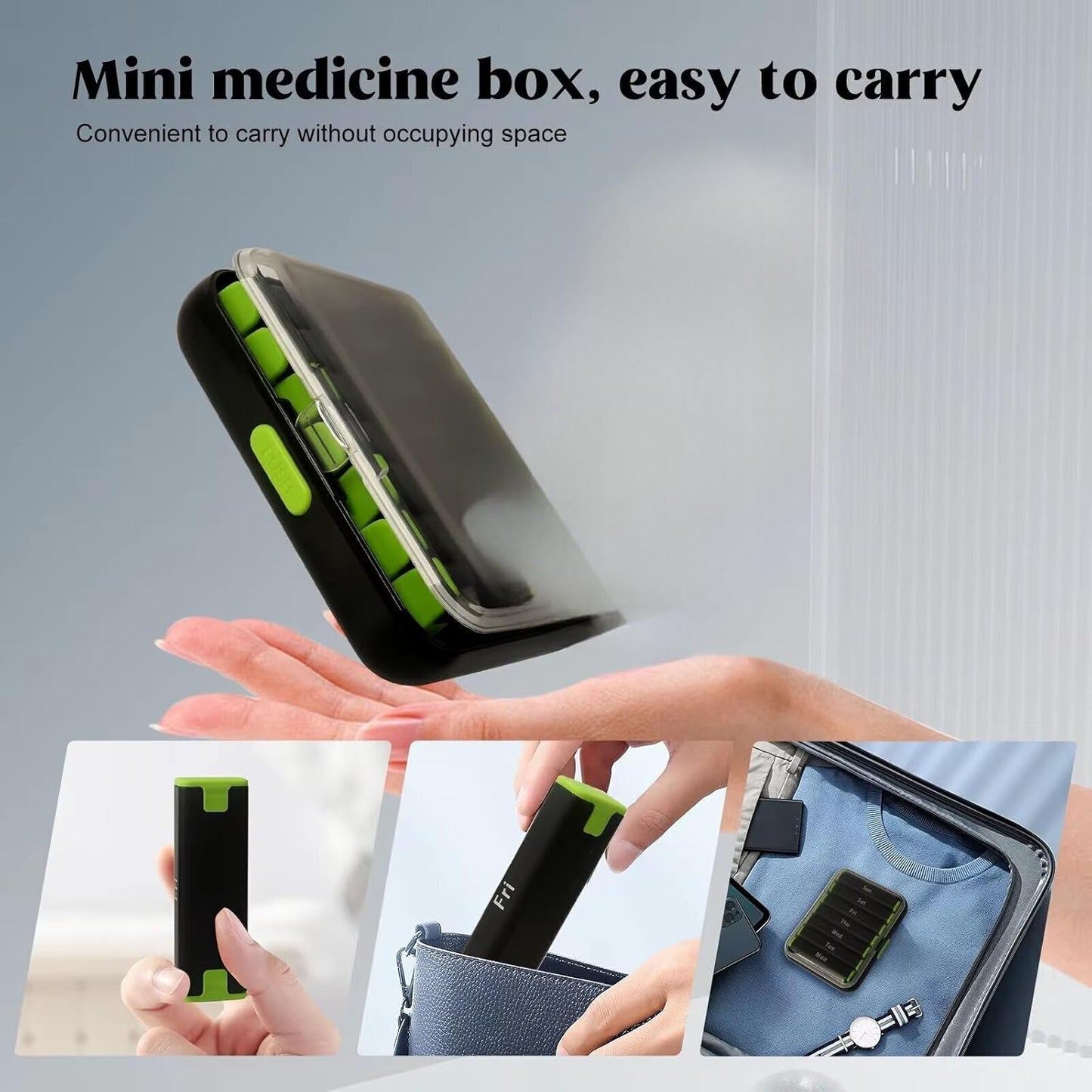 N&S Store 7-Day Pill Organizer, Weekly Medication Storage, Compact, Durable, Portable, Water-Proof, Eco-Friendly, Easy Refill (Black & Rainbow Lid)