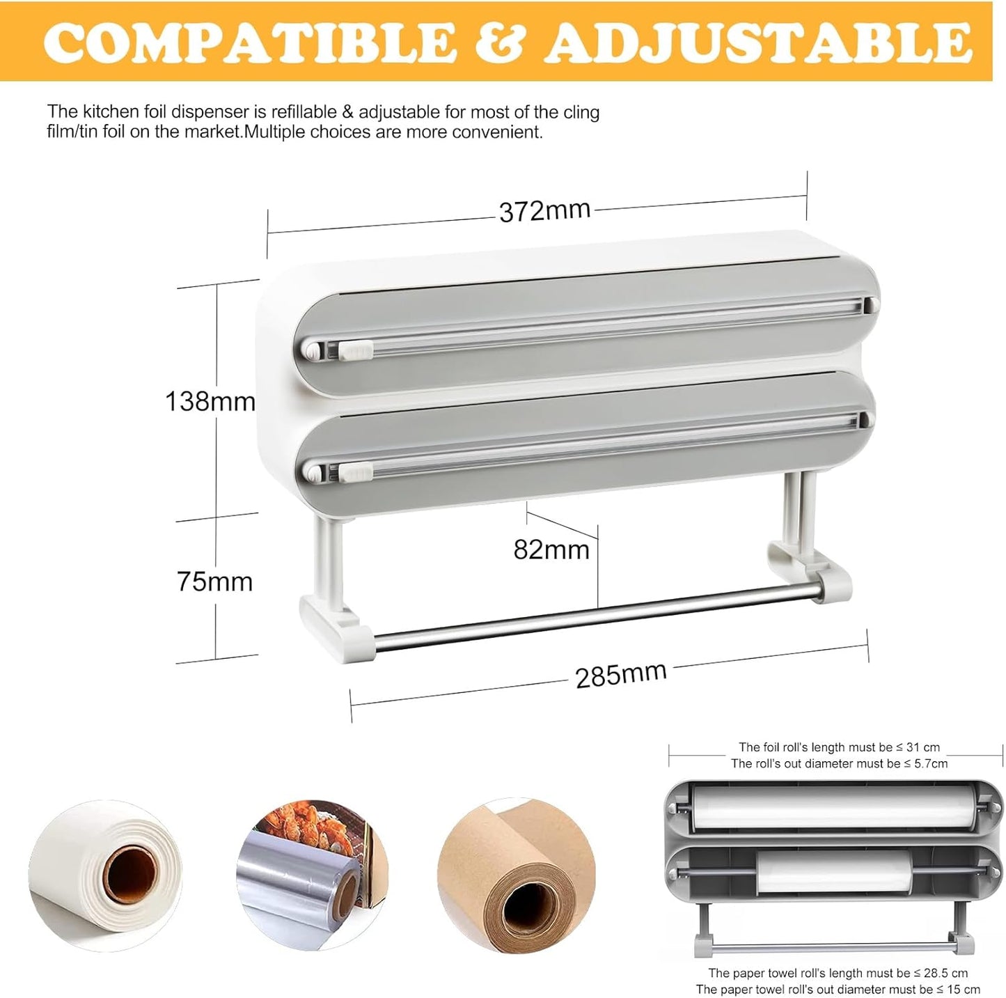 Magnetic Plastic Wrap Dispenser with Cutter - Refillable Aluminum Tin Foil and Plastic Wrap Organizer for Kitchen, Quasziwa Upgraded 3 in 1 Paper Towel Holder Wall Mount - Fits 12" Roll, White
