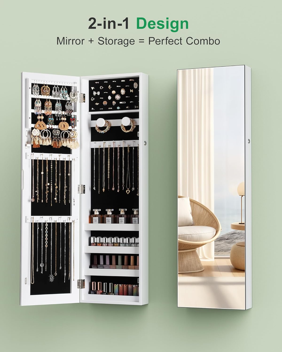 Nicetree Mirror Jewelry Cabinet, Jewelry Armoire with Full Length Mirror,Mirror with Jewelry Storage Wall/Door Mounted, Lockable Jewelry Armoire Organizer,White
