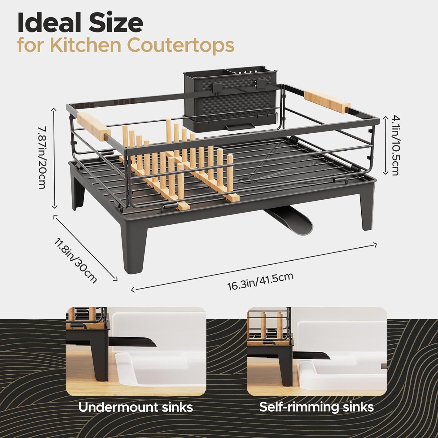 JYPS Dish Drying Rack for Kitchen Counter Decor with Drainboard Auto-Drain,Rustproof Dish Rack Drainers with Utensil Holder, Wooden Handles,360° Rotatable Drainer, Higher Legs (Black)