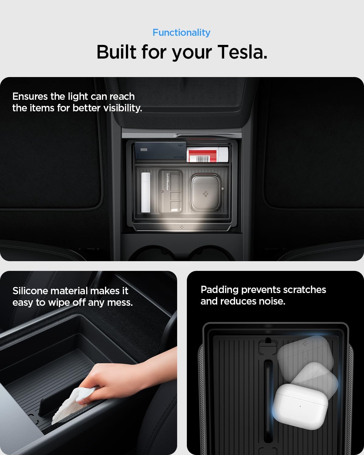 Spigen Center Console and Armrest Organizer for Tesla Model Y Juniper (Only Premium & Performance 2025/2026) and Model 3 Highland (Standard, Premium & Performance 2024/25/26)